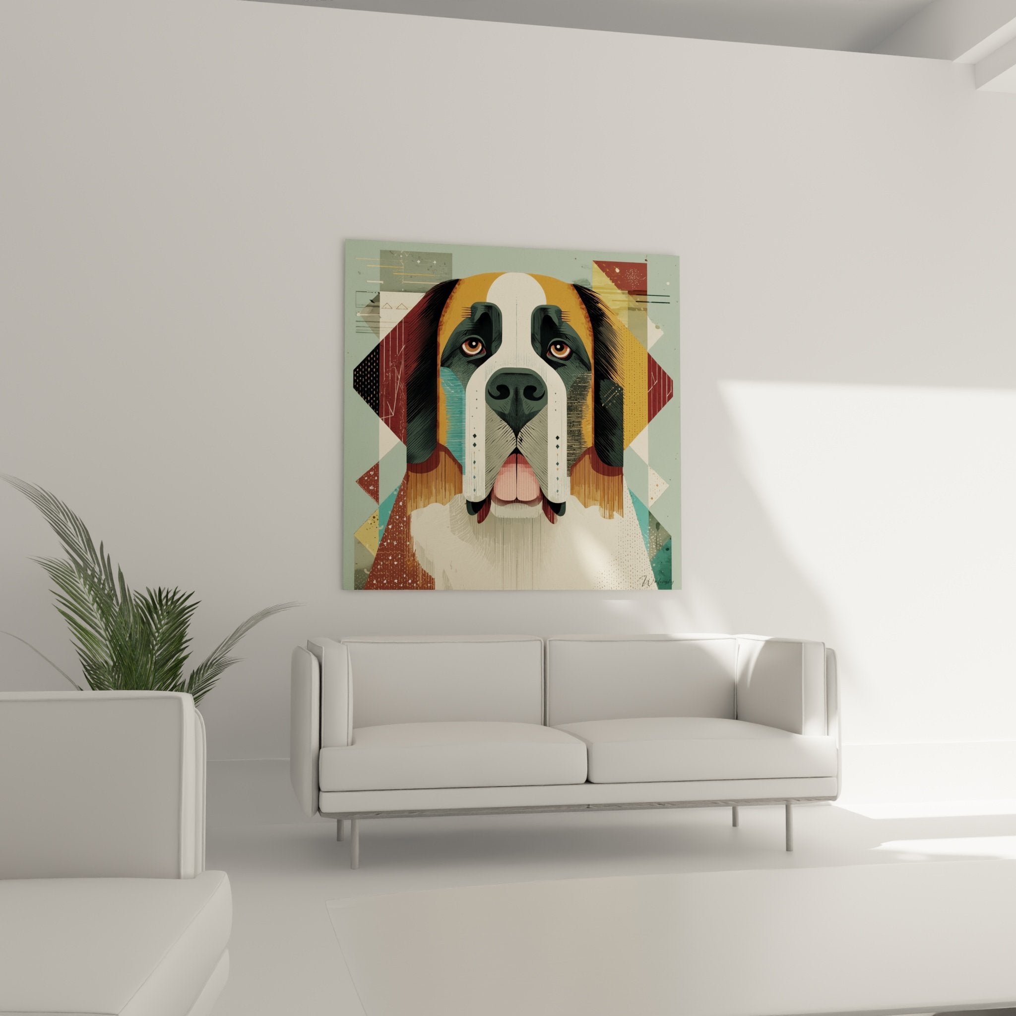 Détail rapproché du portrait cubiste montrant les yeux ambrés et les facettes géométriques colorées du chien