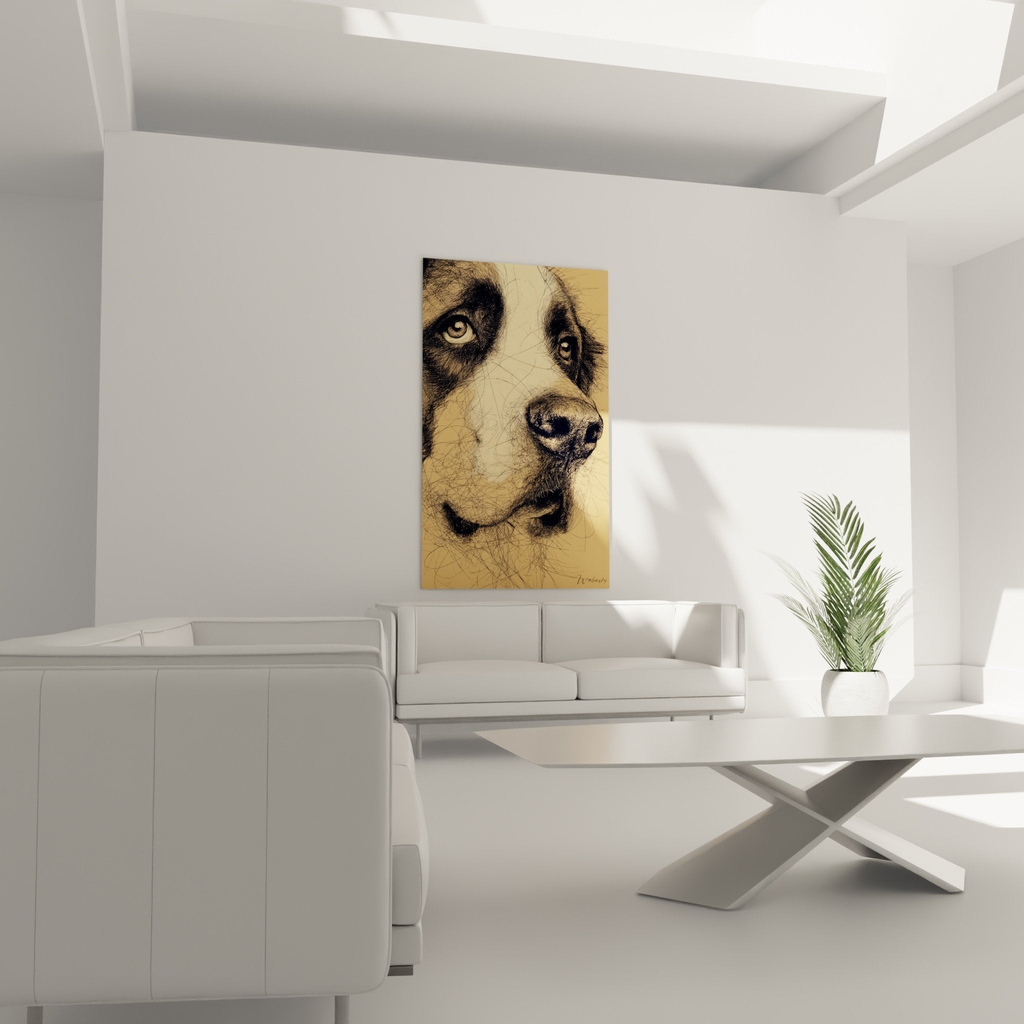 Détail portrait Saint Bernard esquissé, yeux ambrés expressifs, technique traits libres fond beige