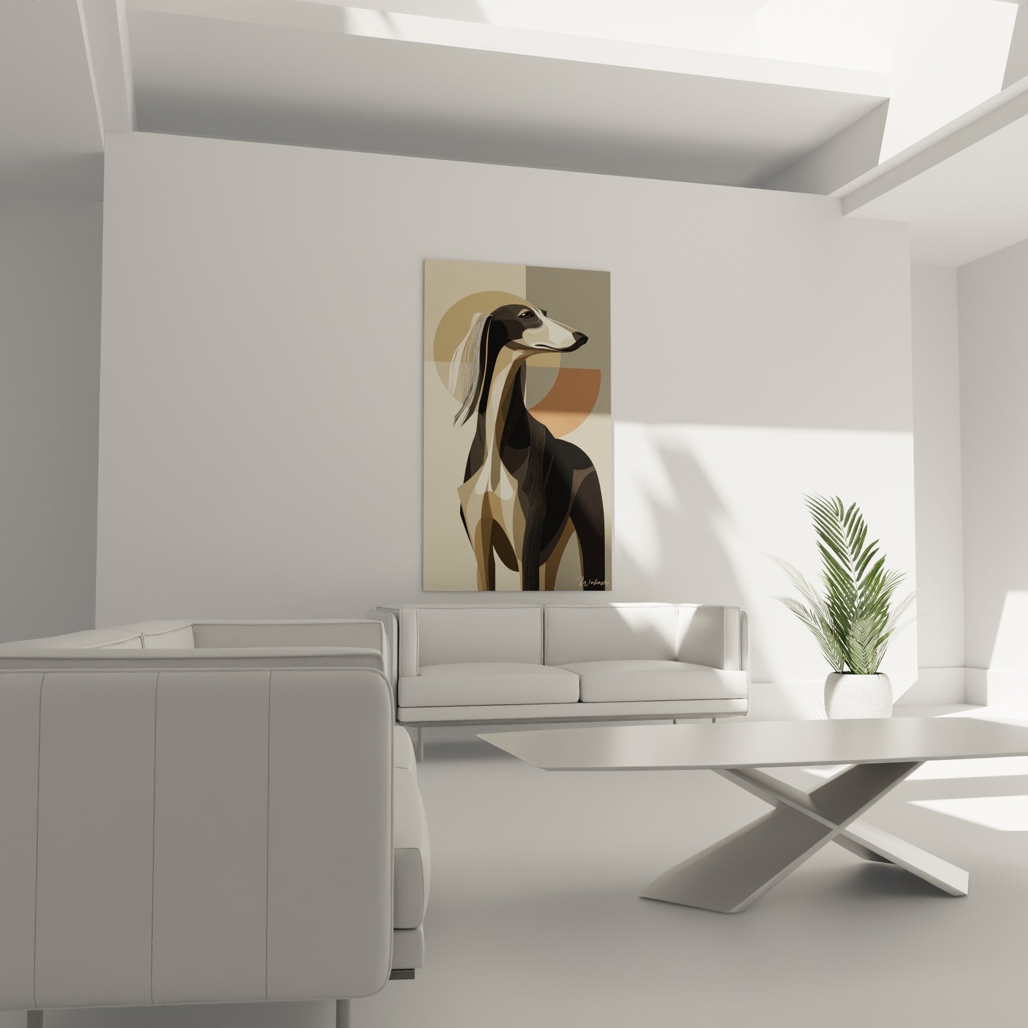 Détail du portrait géométrique de Saluki montrant les nuances beiges et noires du pelage stylisé moderne