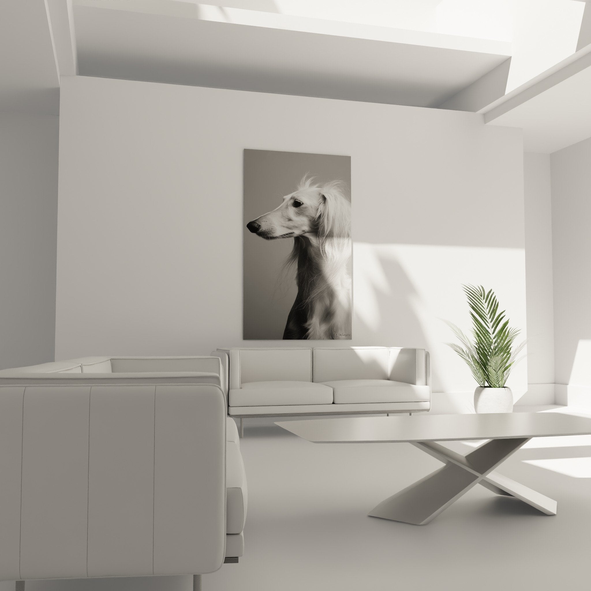 Détail rapproché du portrait Saluki montrant la finesse du pelage et l'expression noble du lévrier