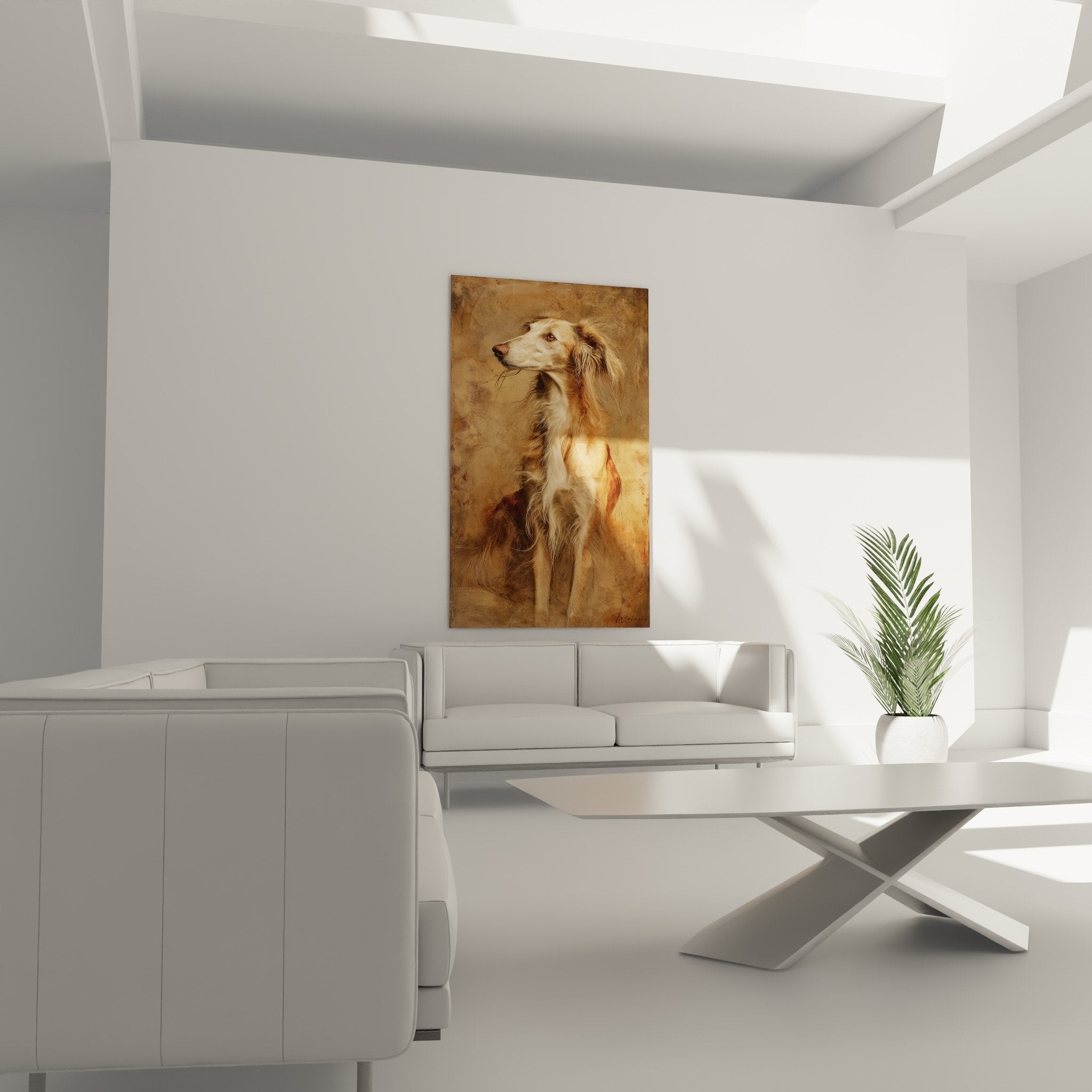 Détail portrait Saluki pelage soyeux nuances miel caramel technique picturale fine lévrier aristocratique