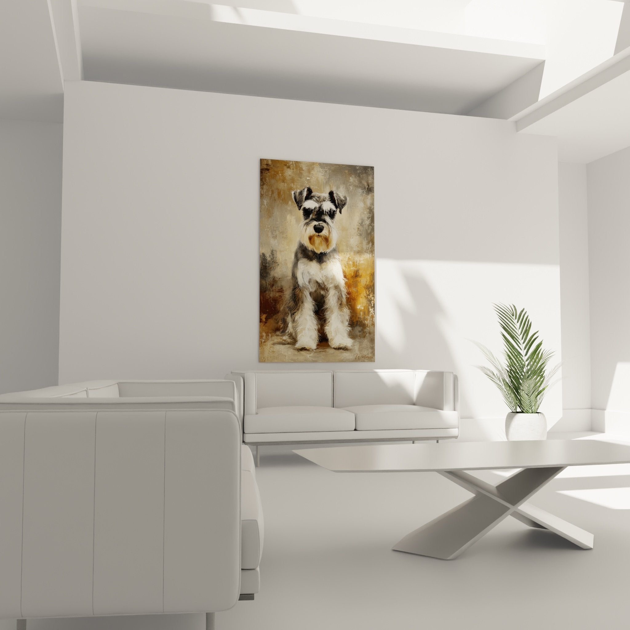 Détail portrait Schnauzer, texture peinture fond beige, contraste pelage noir blanc argenté