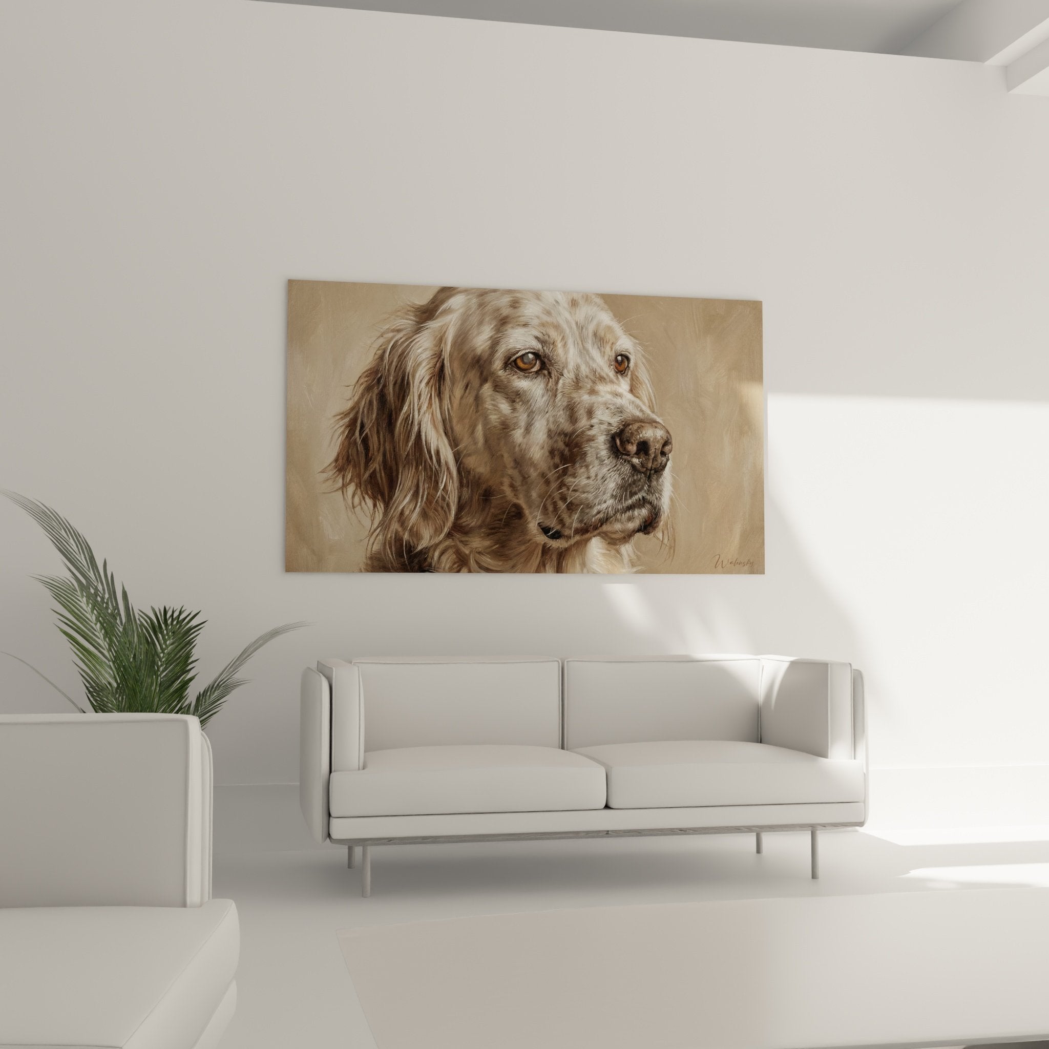 Détail rapproché portrait Setter Anglais, yeux ambre expressifs et texture pelage brun mordoré réaliste