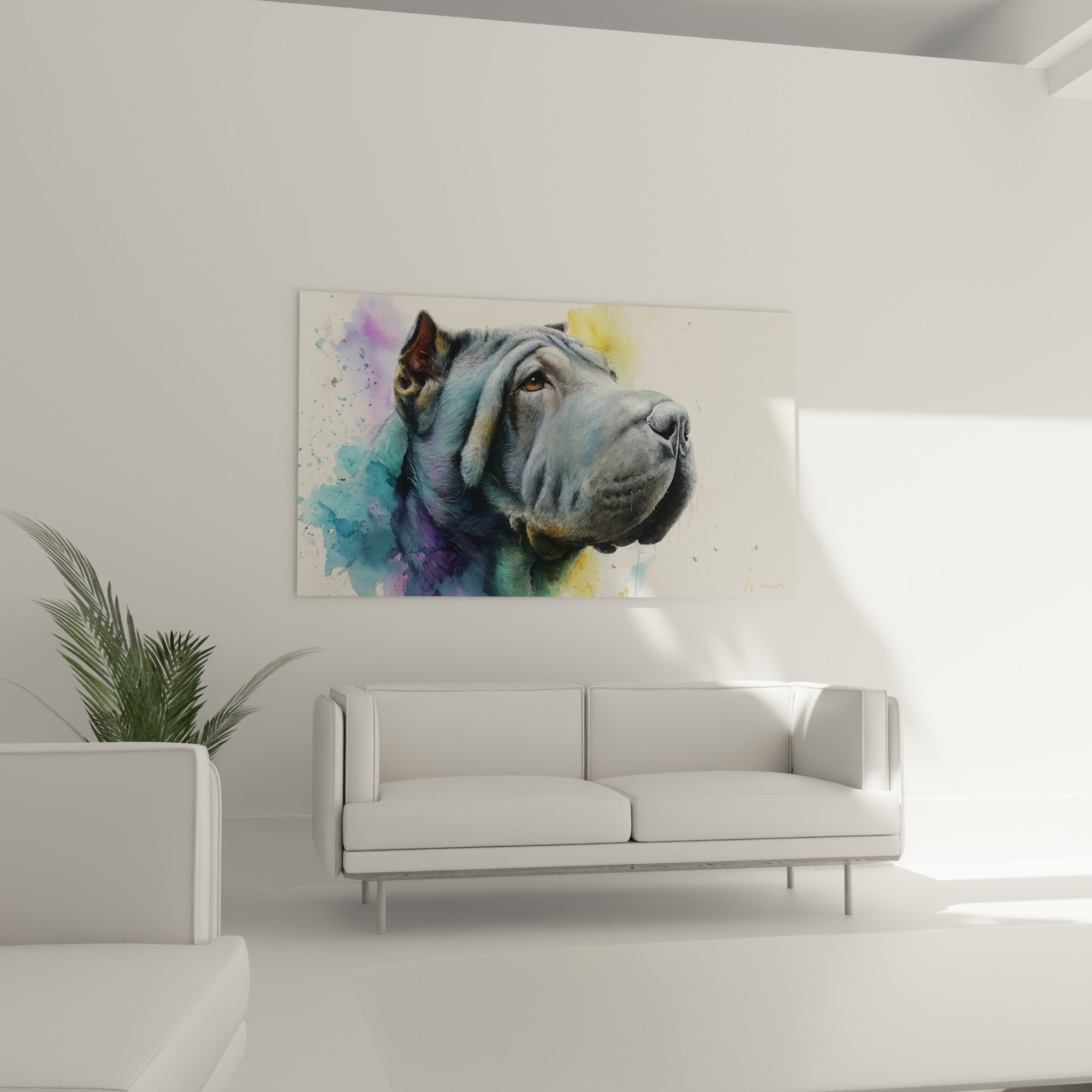 Detailliertes realistisches Shar-Pei-Porträt mit abstrakten Aquarelleffekten in Blau, Violett und Gelb