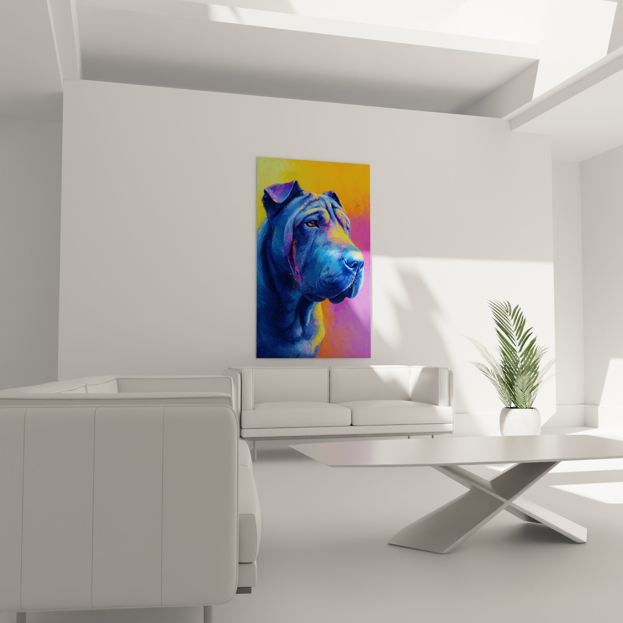 Détail rapproché du portrait coloré de Shar Pei montrant les textures de peinture bleue et violette