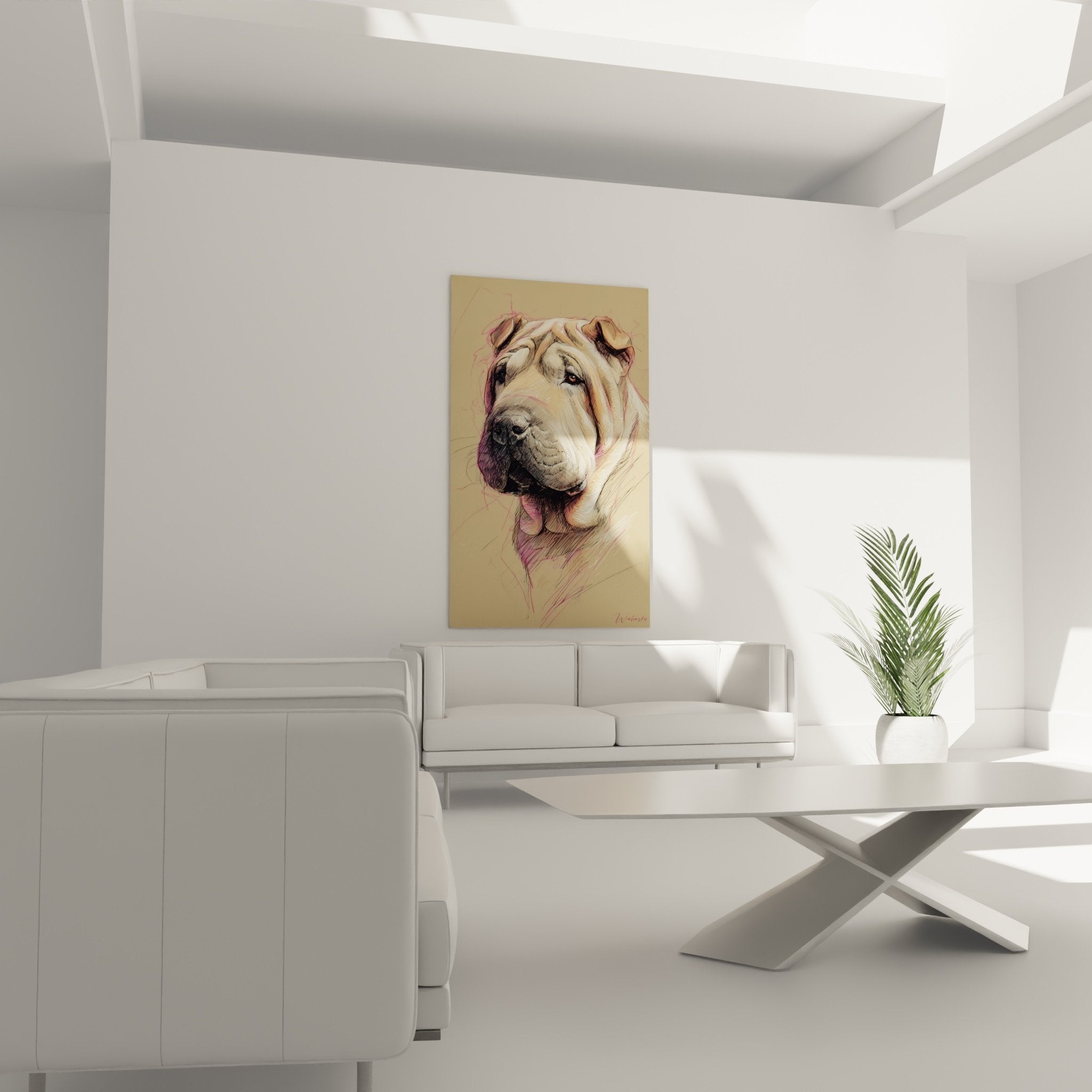 Détail du portrait Shar Pei montrant les traits roses, hachures délicates et l'œil bleu perçant du chien