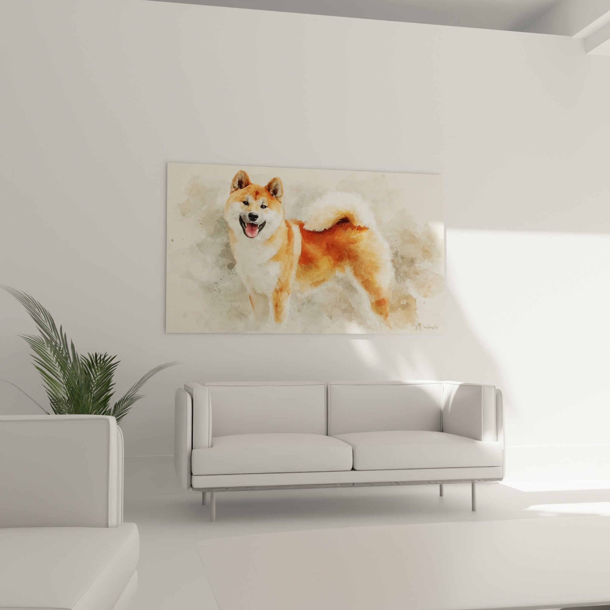 Detail aquarelle Shiba Inu expression souriante langue rose yeux petillants pelage roux texture delicate