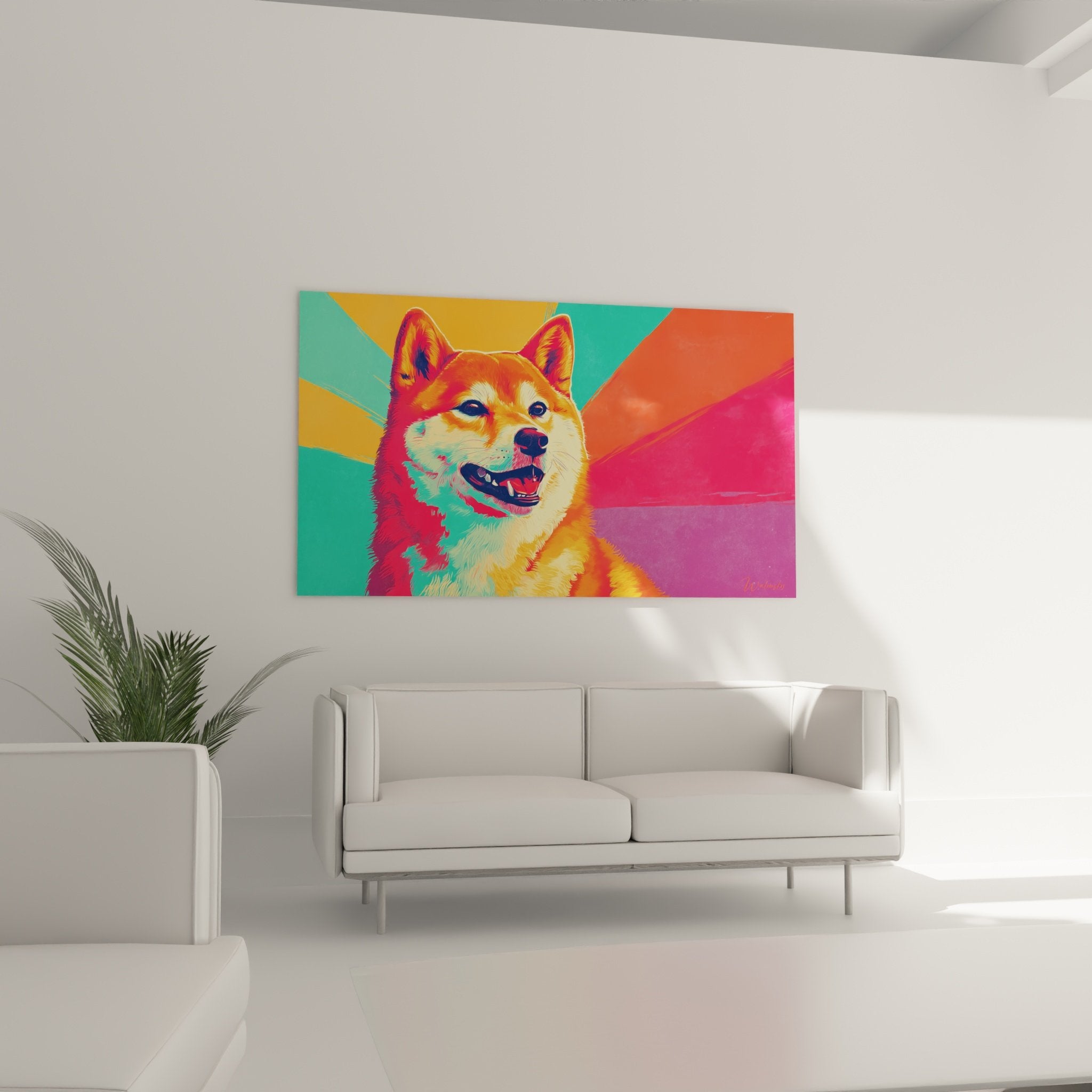 Détail rapproché portrait artistique Shiba Inu aux couleurs saturées style pop art contemporain
