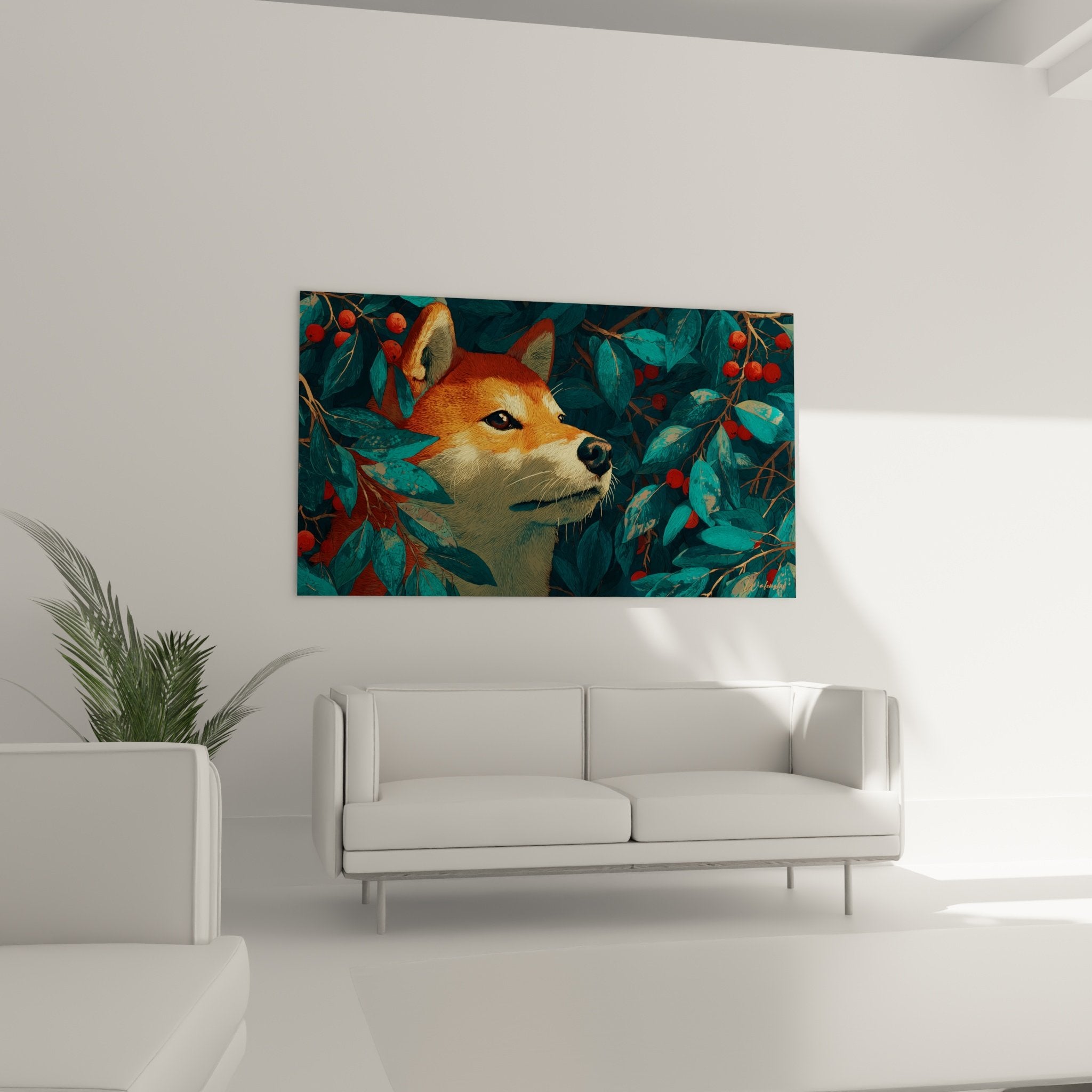 Détail portrait Shiba Inu pelage cuivré, regard noir profond, feuilles turquoise et baies vermillon