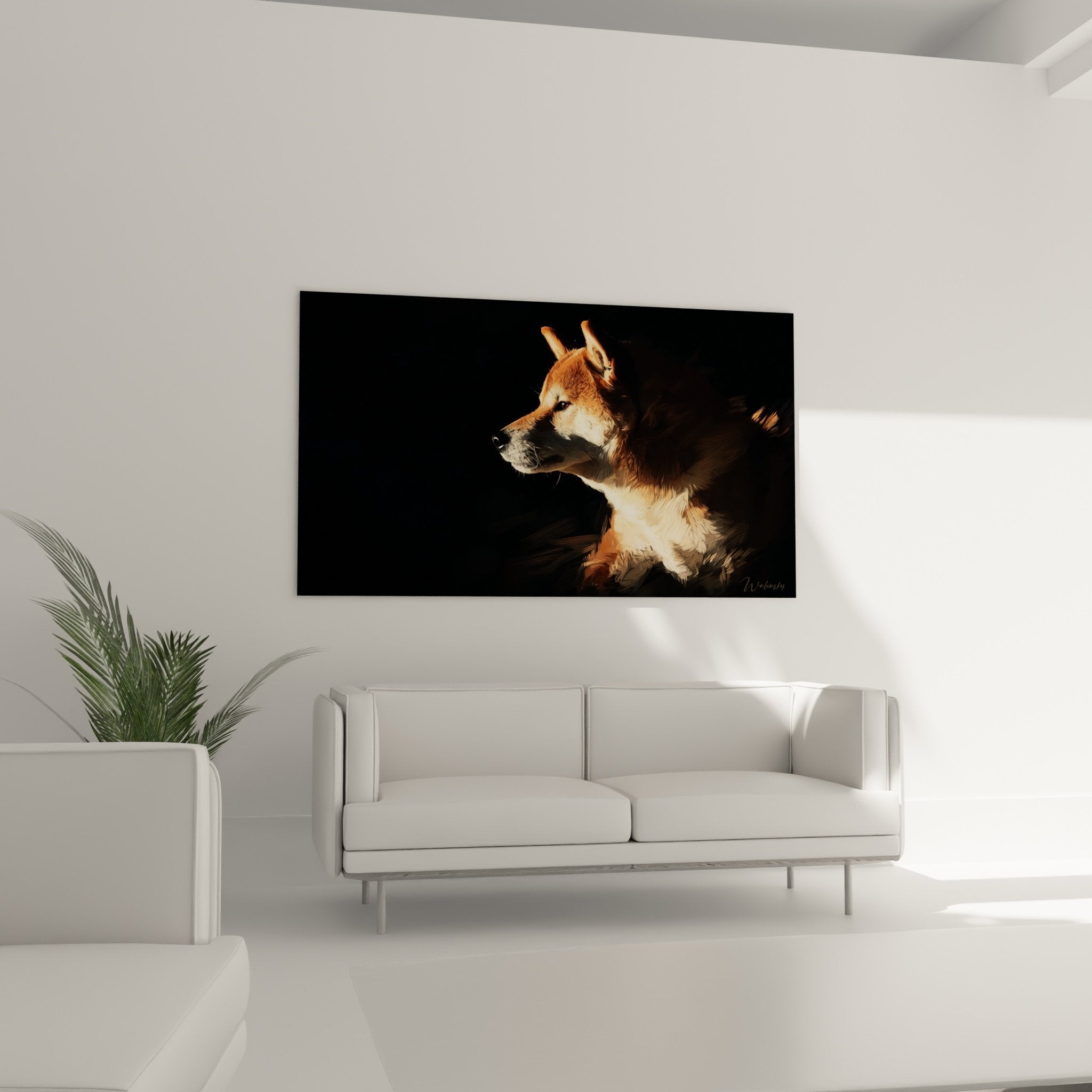 Shiba Inu portrait detail red coat golden light chiaroscuro technique canine art