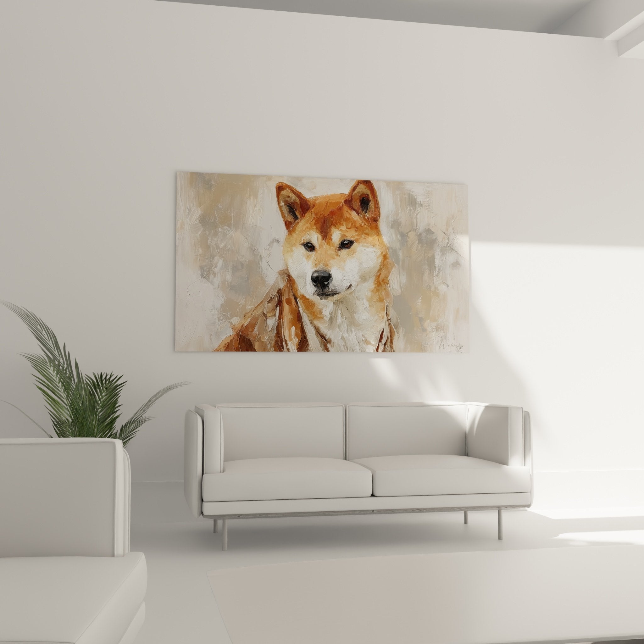 Détail du regard expressif et des couleurs chaudes du portrait de Shiba Inu, technique picturale visible