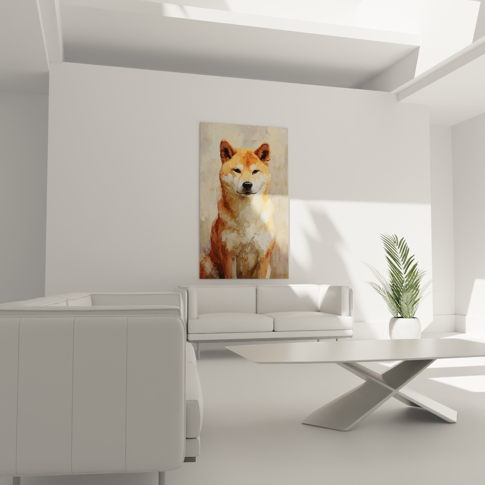 Détail du portrait Shiba Inu montrant la texture picturale expressive et les nuances fauves du pelage peint