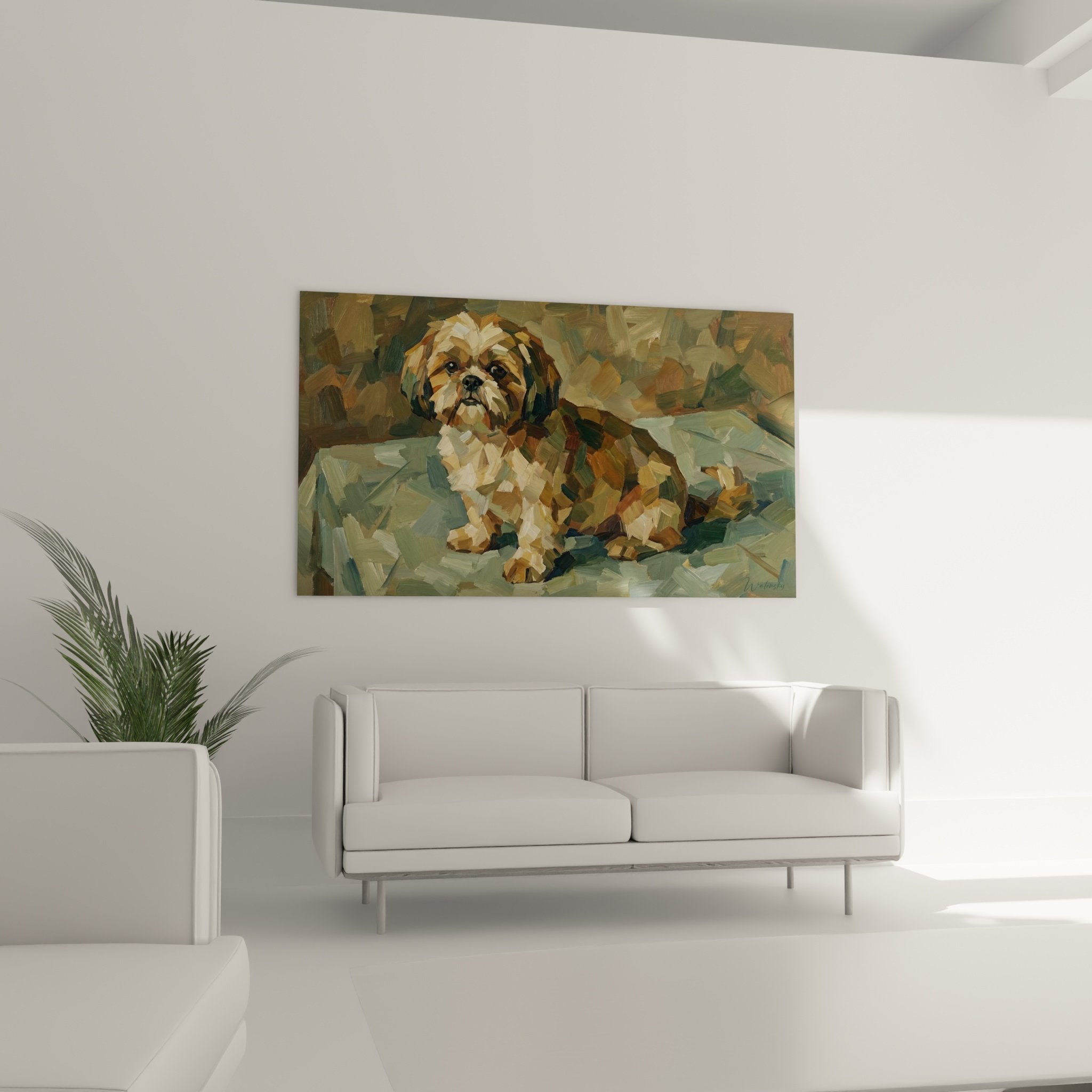 Shih Tzu portrait detail, visible brushstrokes, golden coat and expressive gaze