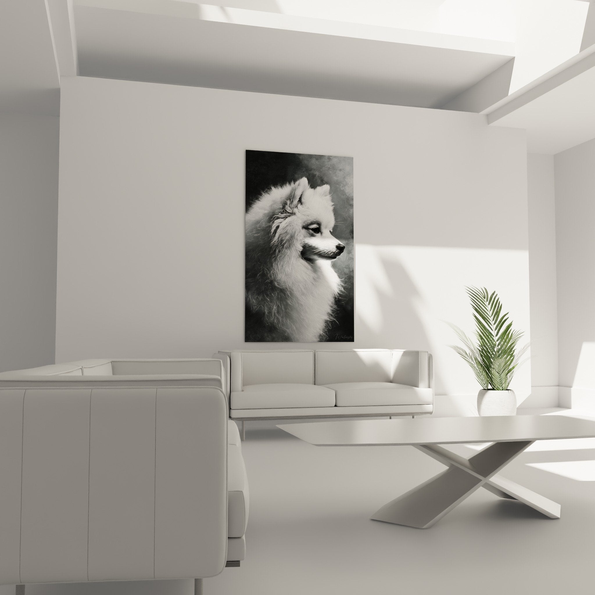 Détail du portrait Spitz Japonais, texture du pelage blanc et nuances de gris artistiques en gros plan