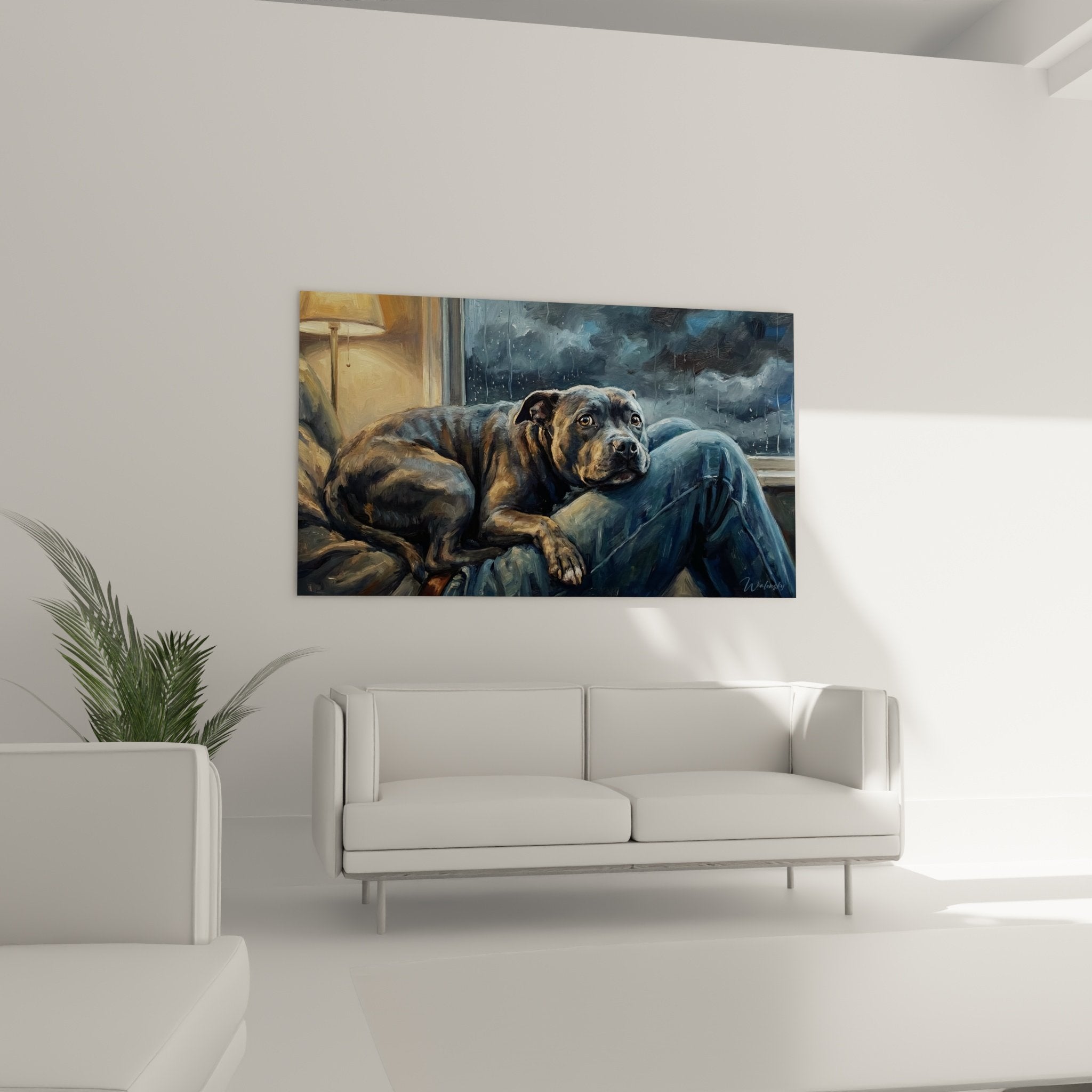 Detail portrait Staffordshire Bulle Terrier peinture reflets dores pelage noir art realiste