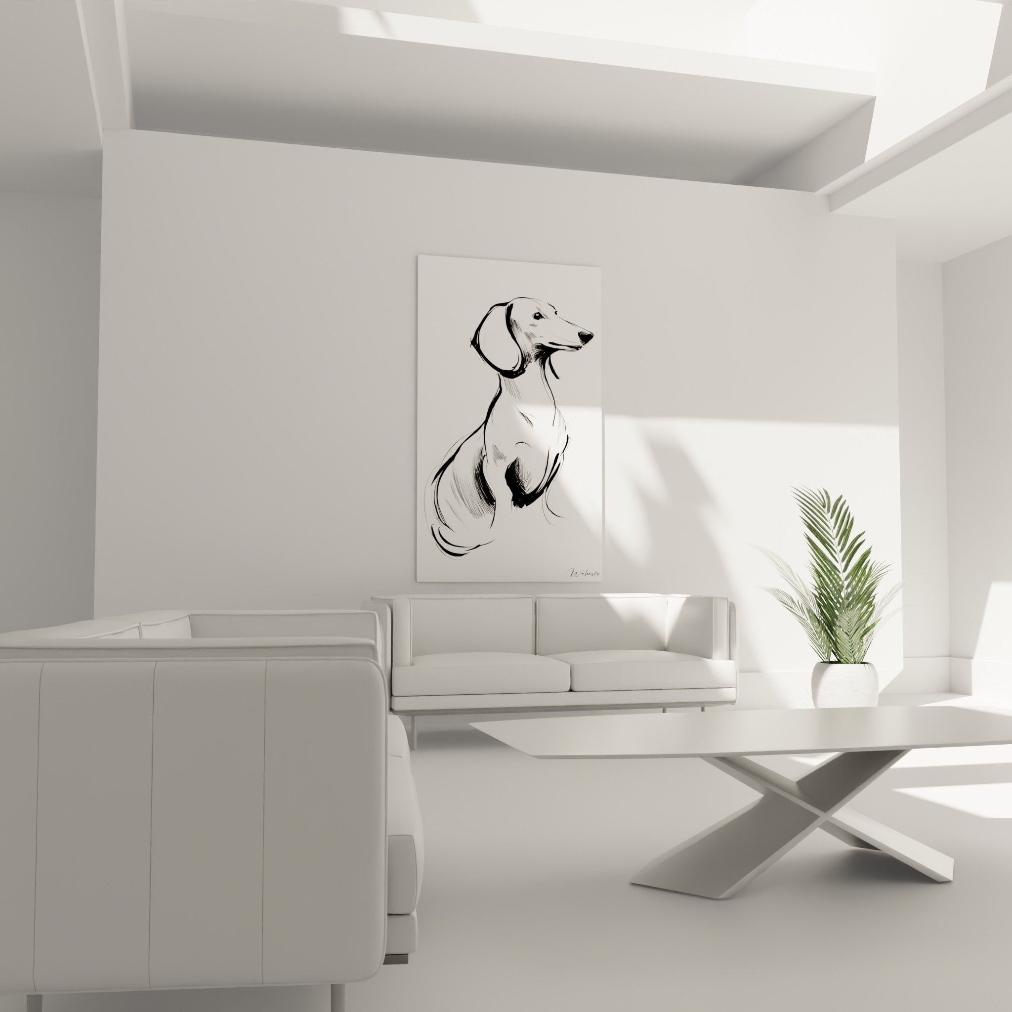 Dachshund portrait detail black and white drawing, fine artistic line expressive dog breed gaze