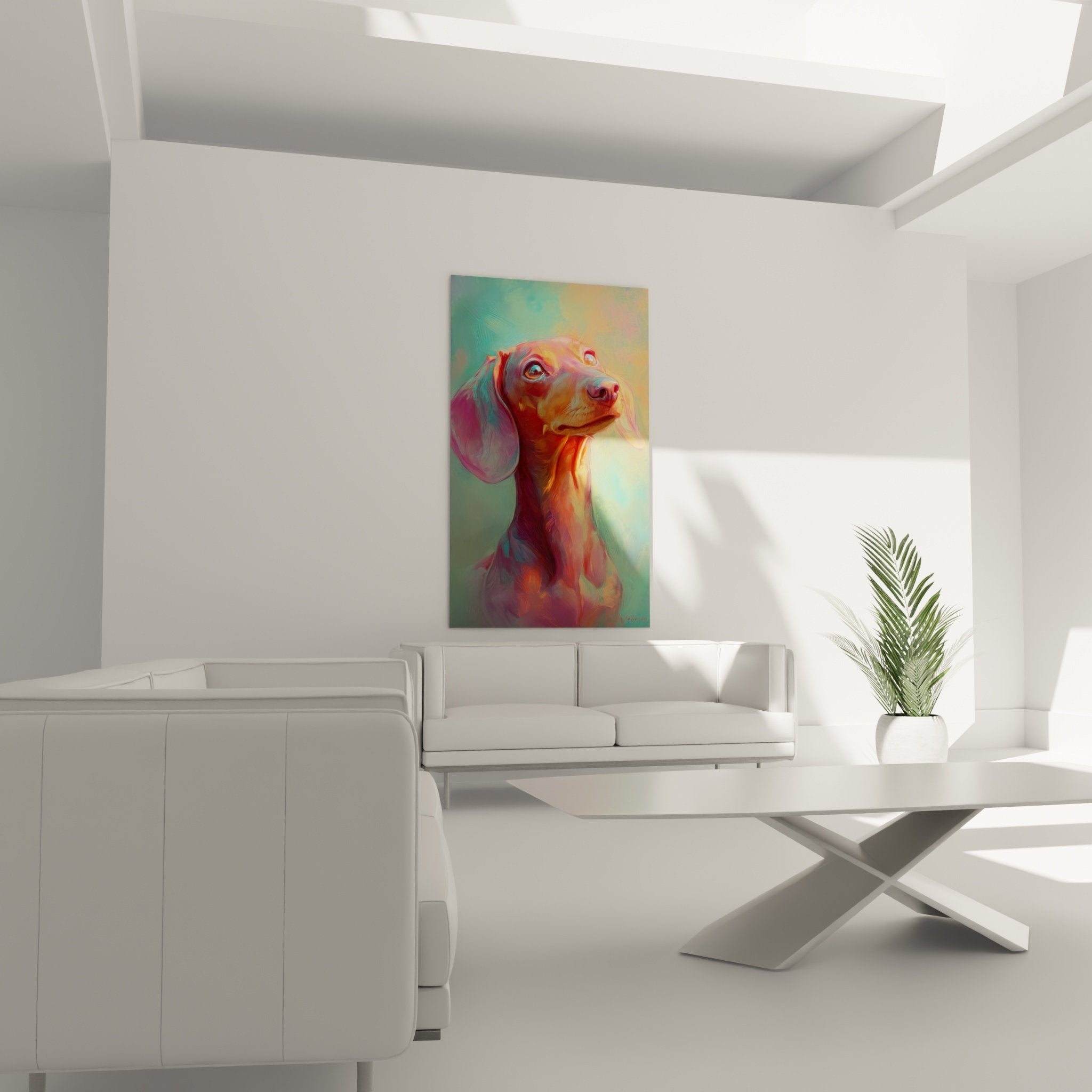 Détail portrait teckel aux teintes pastel, technique picturale visible, yeux expressifs