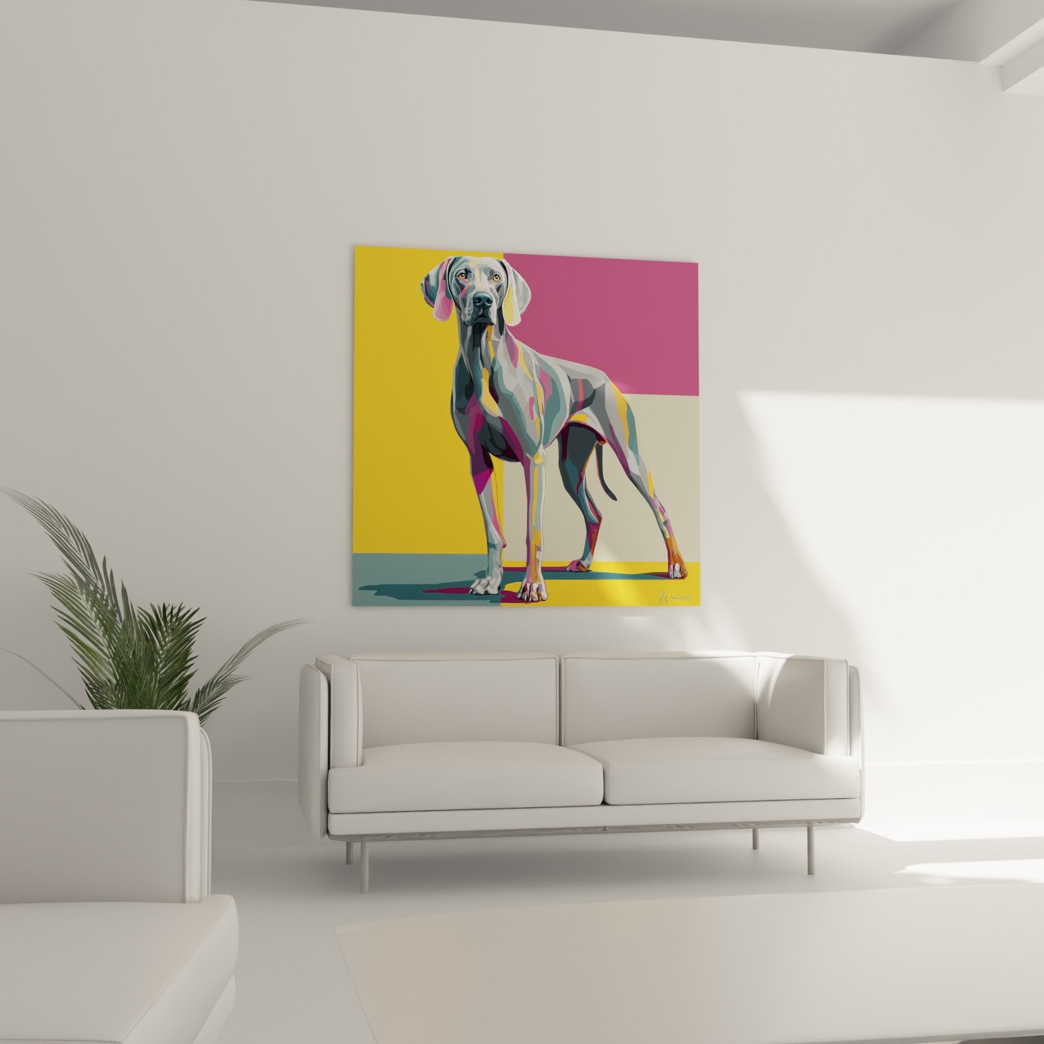 Détail portrait Weimaraner facettes colorées violettes jaunes technique artistique géométrique