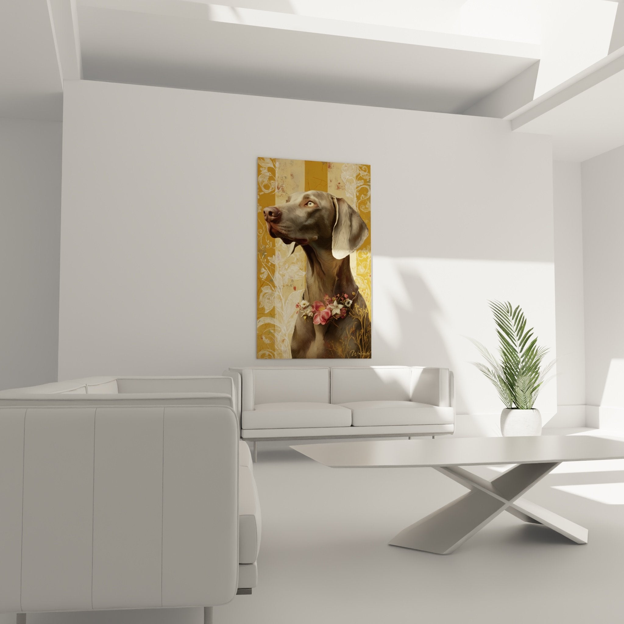 Détail visage Weimaraner gris regard expressif couronne florale rose ornements dorés artistiques