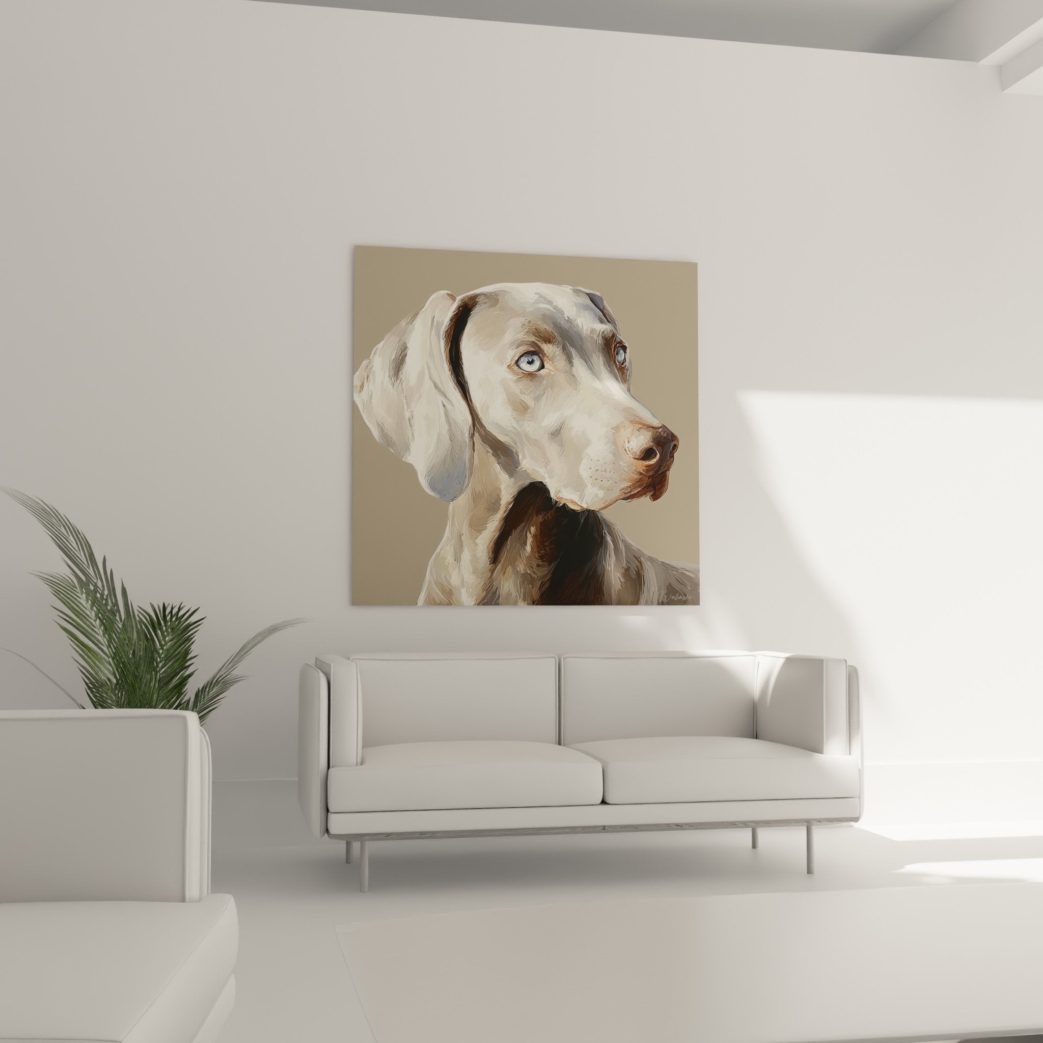 Détail rapproché portrait Weimaraner, texture peinture visible, nuances grises et yeux bleu intense, art animalier