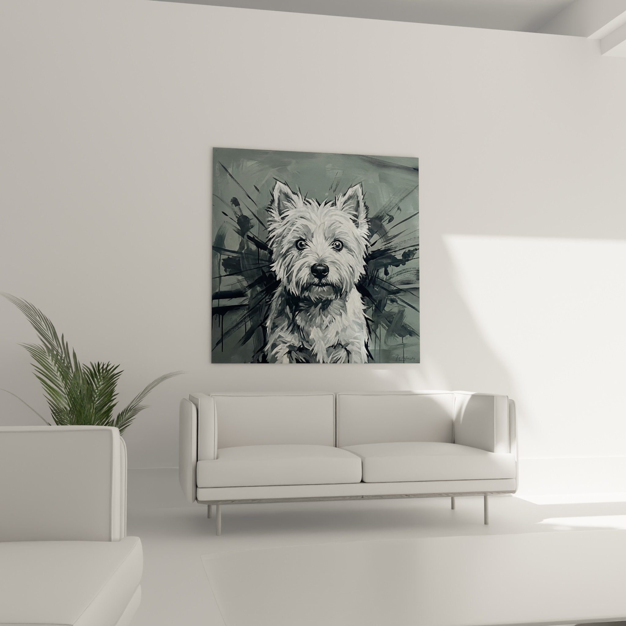 Detail portrait West Highland White Terrier yeux expressifs pelage texture realiste nuances grises