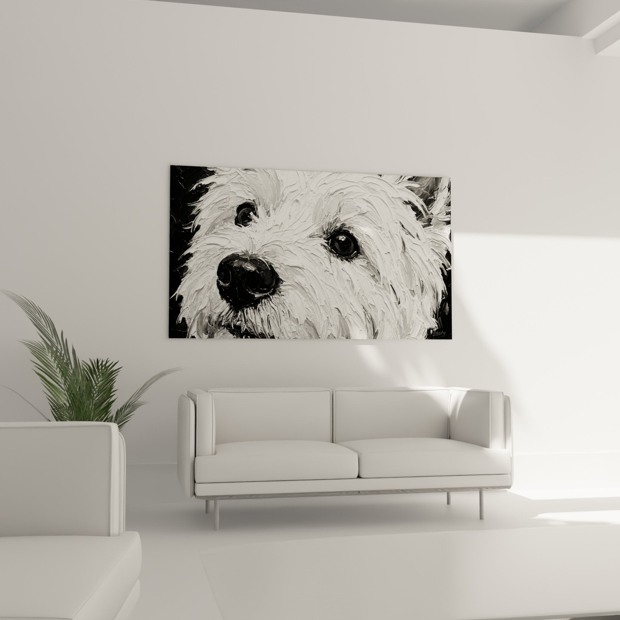 Détail portrait West Highland White Terrier, technique picturale texturée, yeux noirs expressifs sur pelage blanc