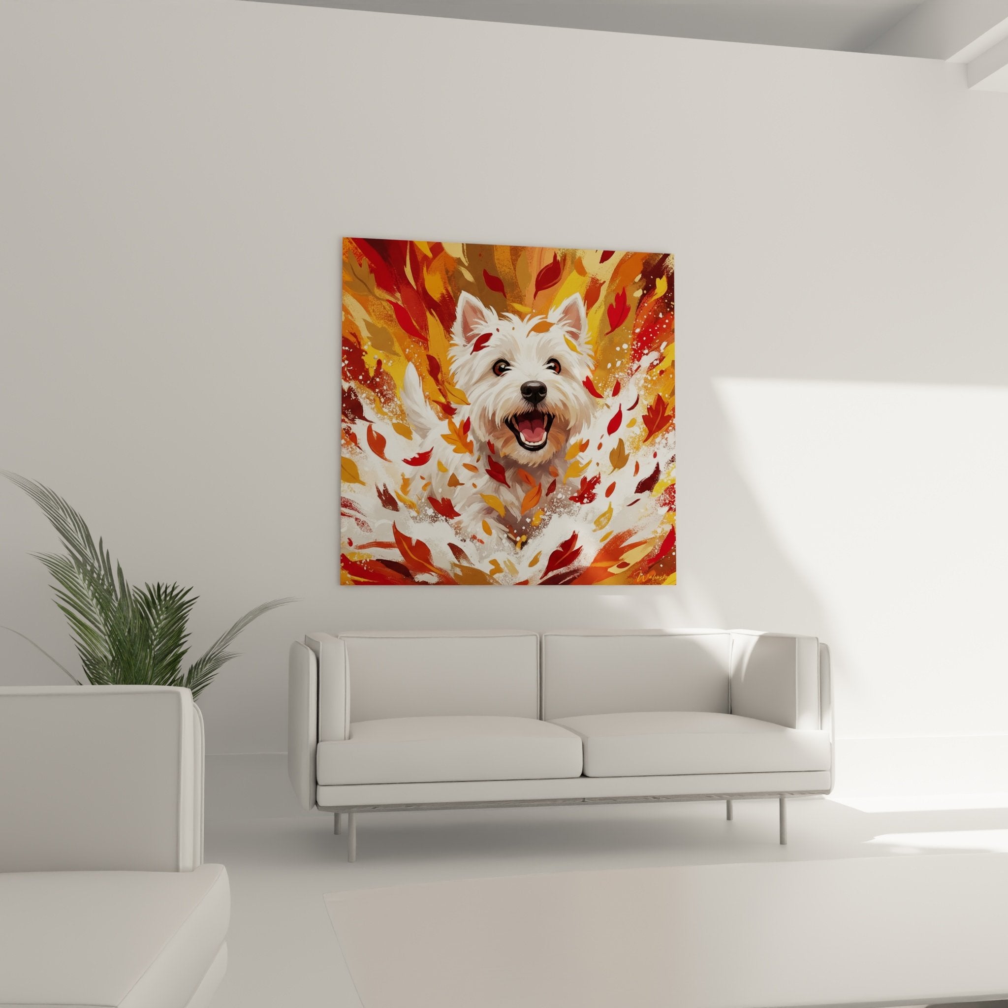 Détail portrait West Highland White Terrier joyeux aux yeux pétillants sur fond de feuillages colorés