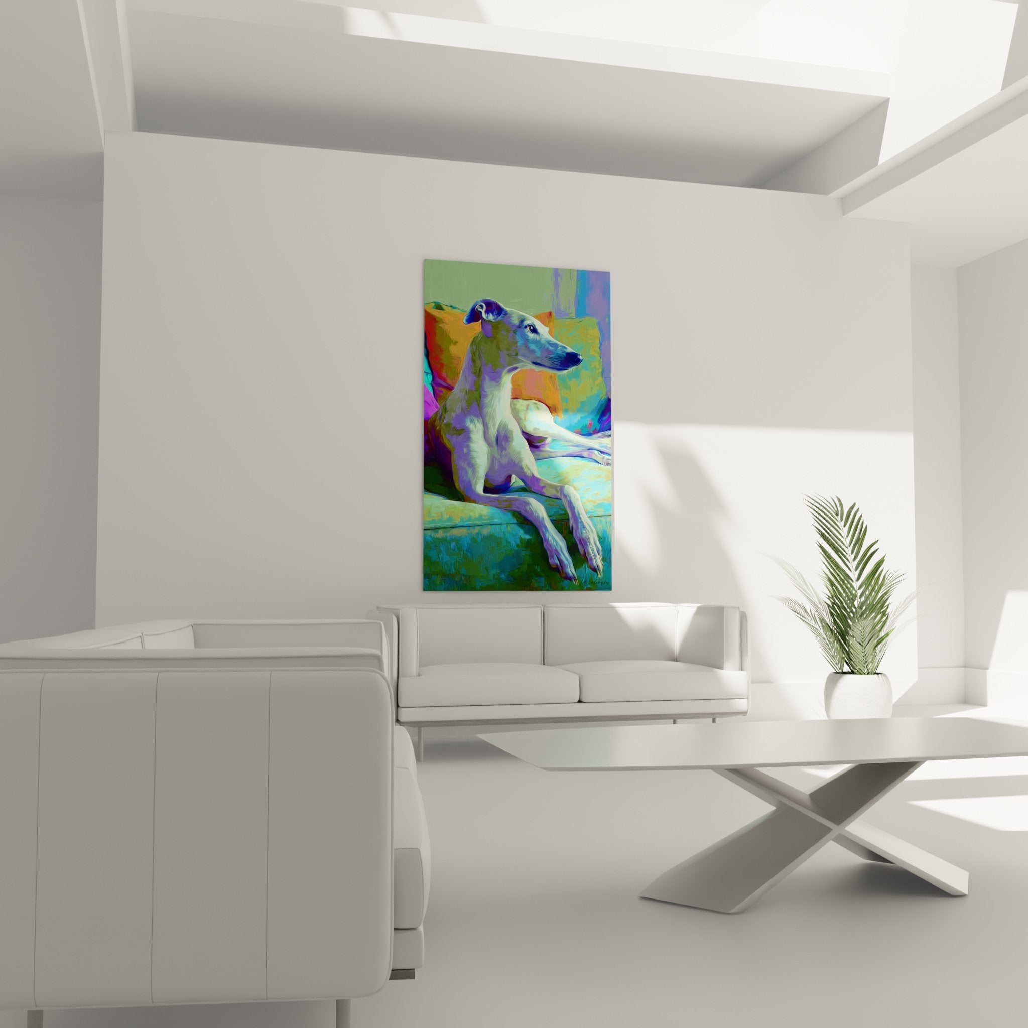 Détail du tableau Lévrier Whippet montrant les nuances violettes du pelage et les effets artistiques