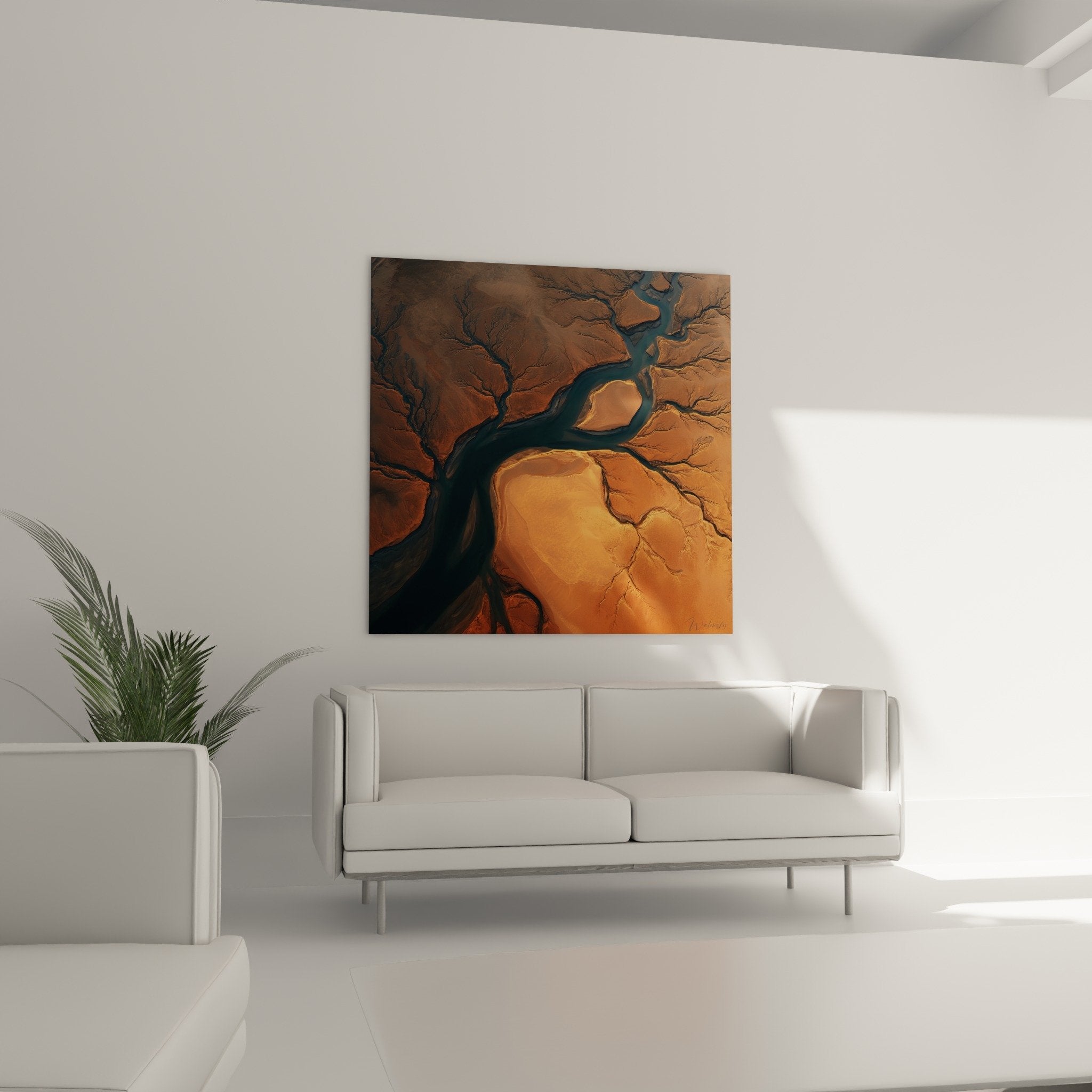 Detail ramifications bleues terre orange tableau feng shui nord-est texture organique naturelle
