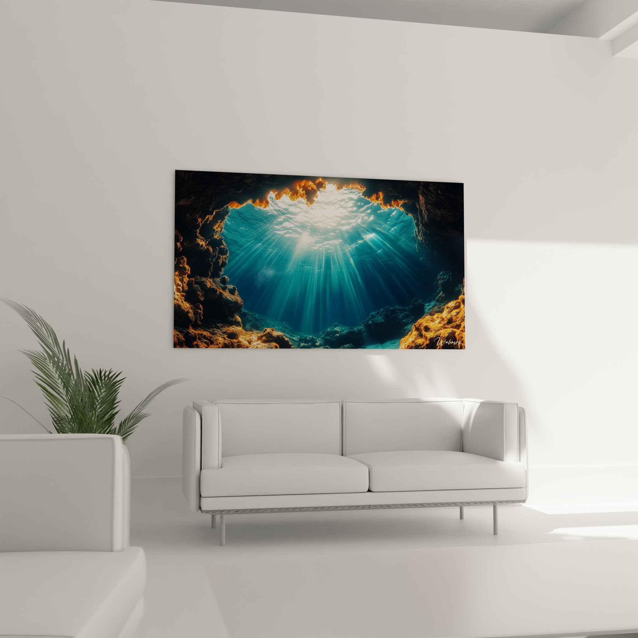 Détail tableau rayons solaires sous-marins traversant caverne océanique, textures rocheuses et eau cristalline