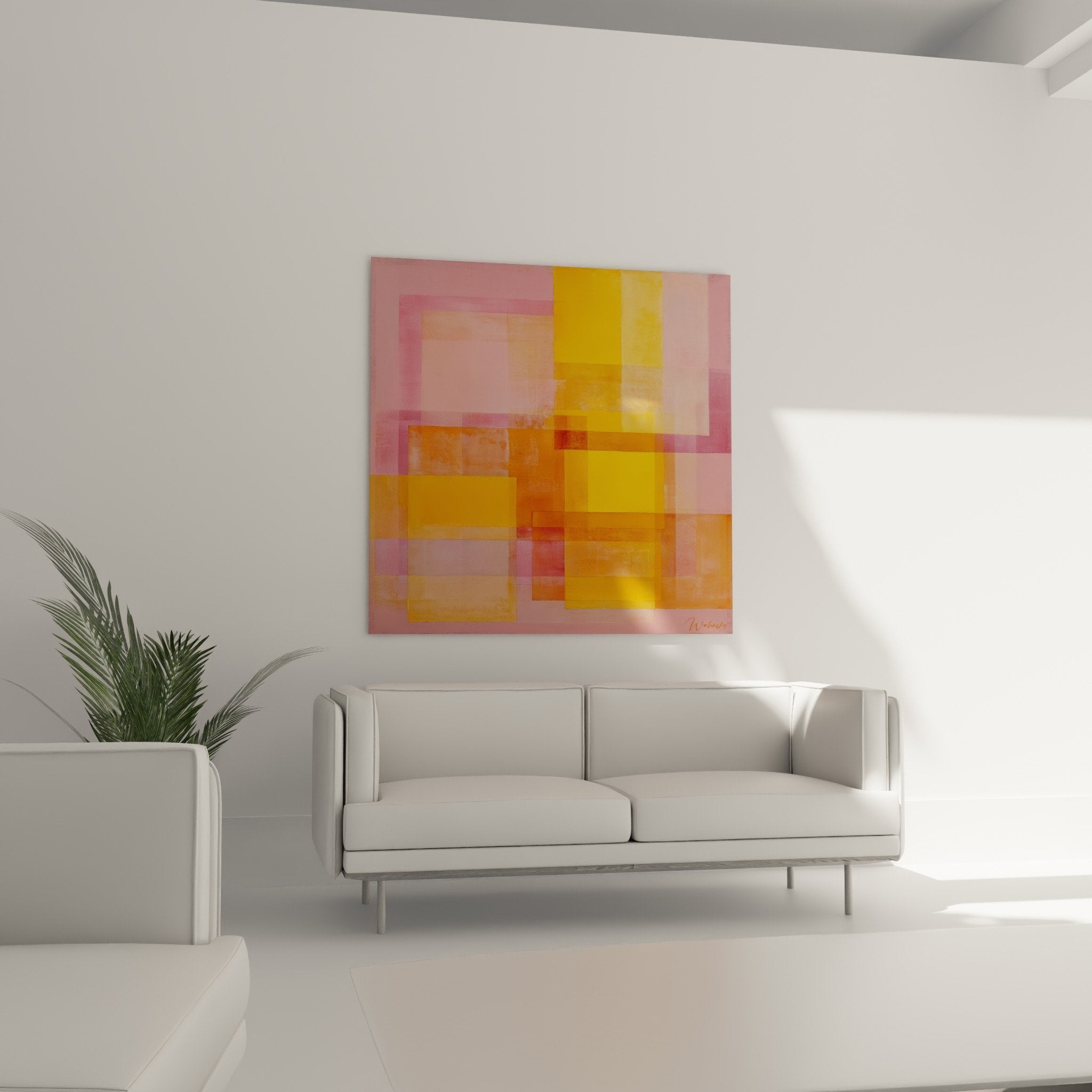Close-up detail translucent orange pink rectangles geometric overlays modern abstract