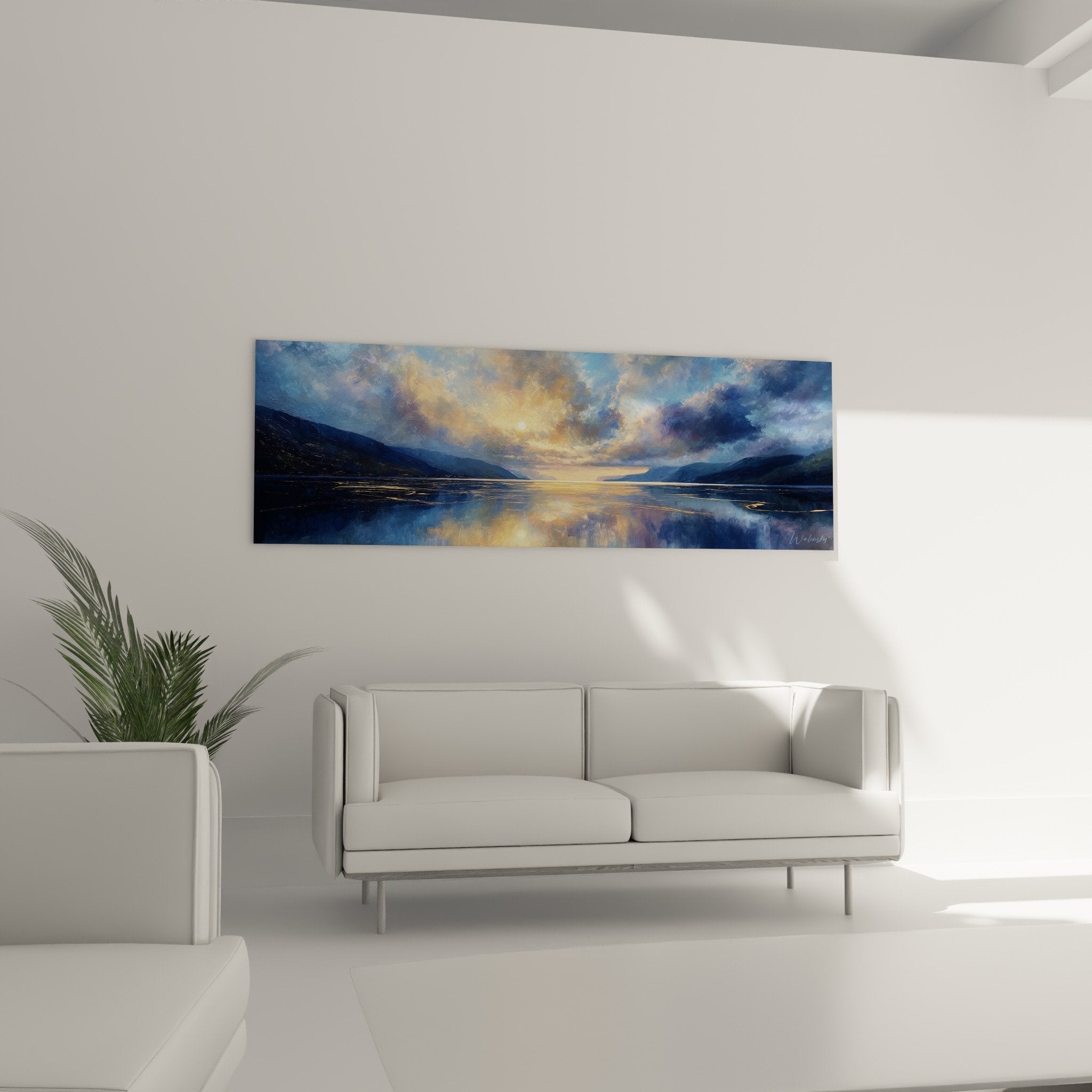 Detail golden reflections on blue water copper clouds feng shui north water painting luminous texture landscape