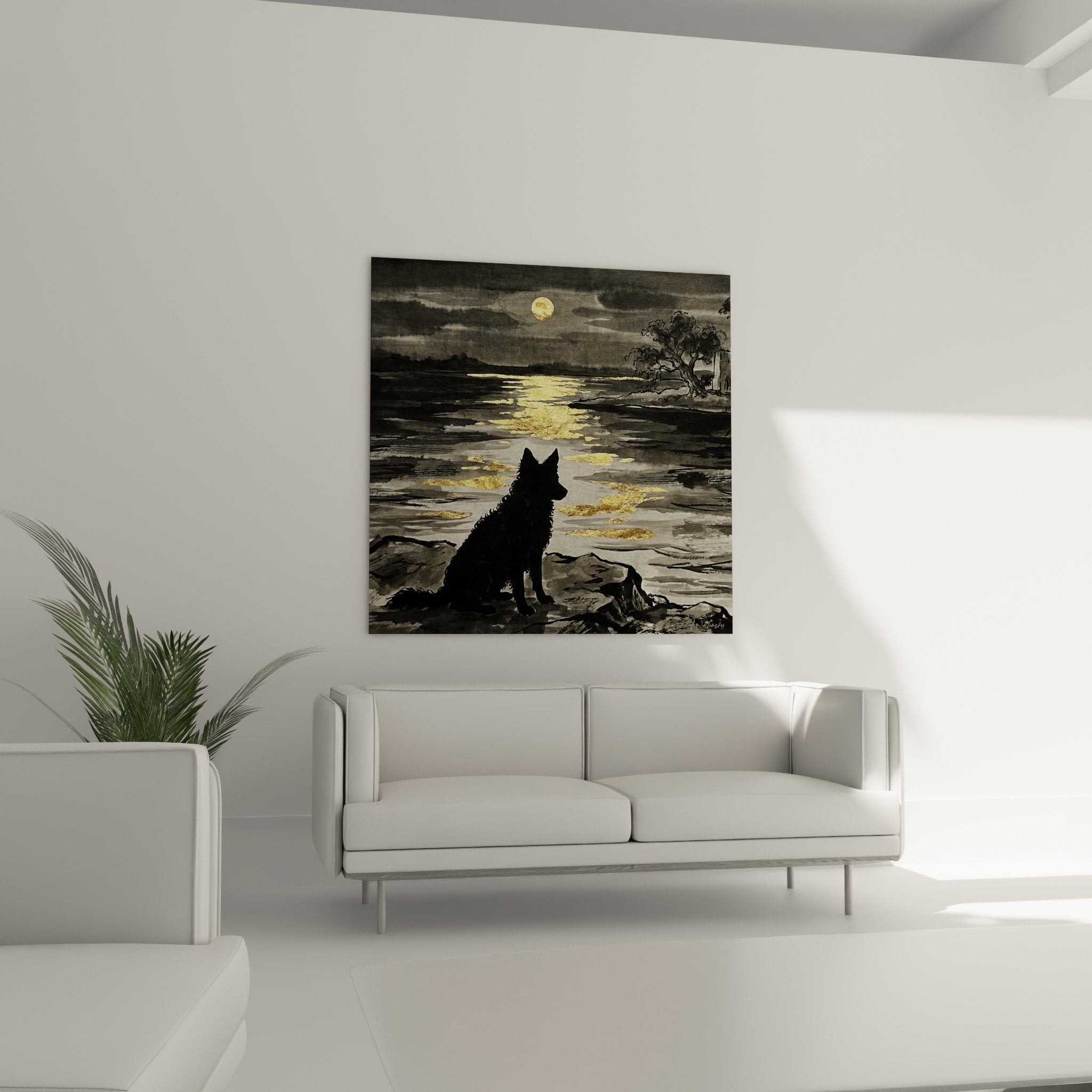 Detail reflets dores eau lune Mudi silhouette noire tableau artistique nuances gris finitions precieuses