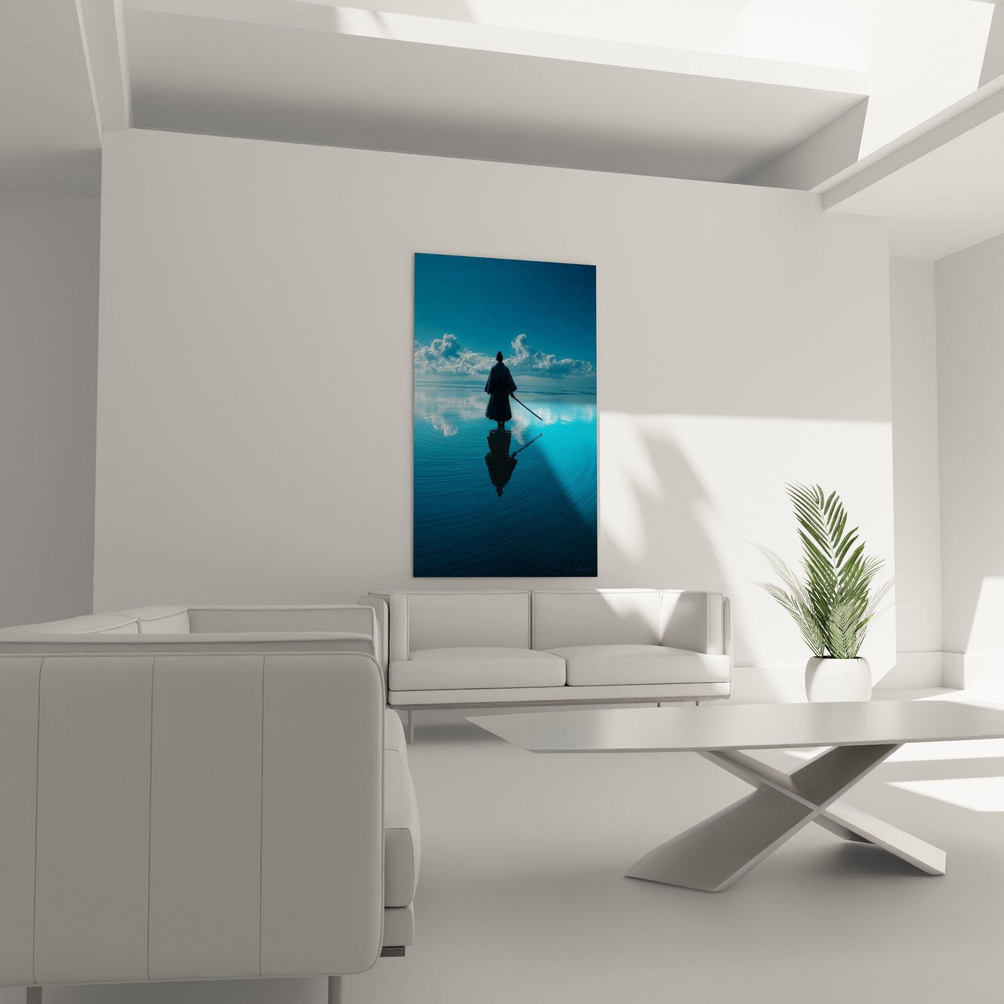Detail rapproche reflets eau bleue silhouette samourai meditation nuages tableau feng shui nord eau