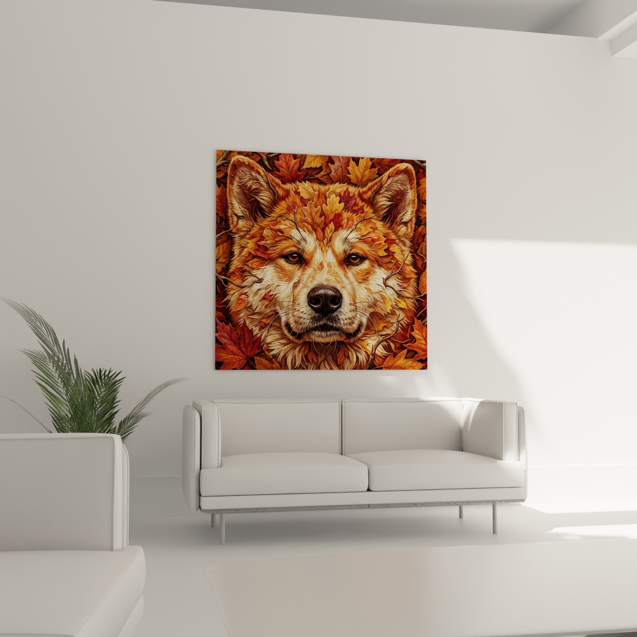Dettaglio dello sguardo ambrato e del mantello fulvo dorato dell'Akita Inu su sfondo di fogliame d'acero colorato