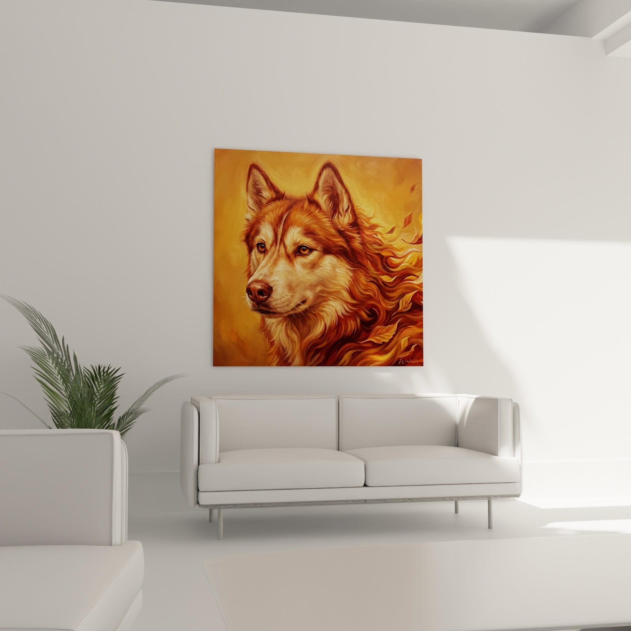 Détail rapproché du regard ambré intense du Husky Sibérien et flammes dorées dans la fourrure cuivrée