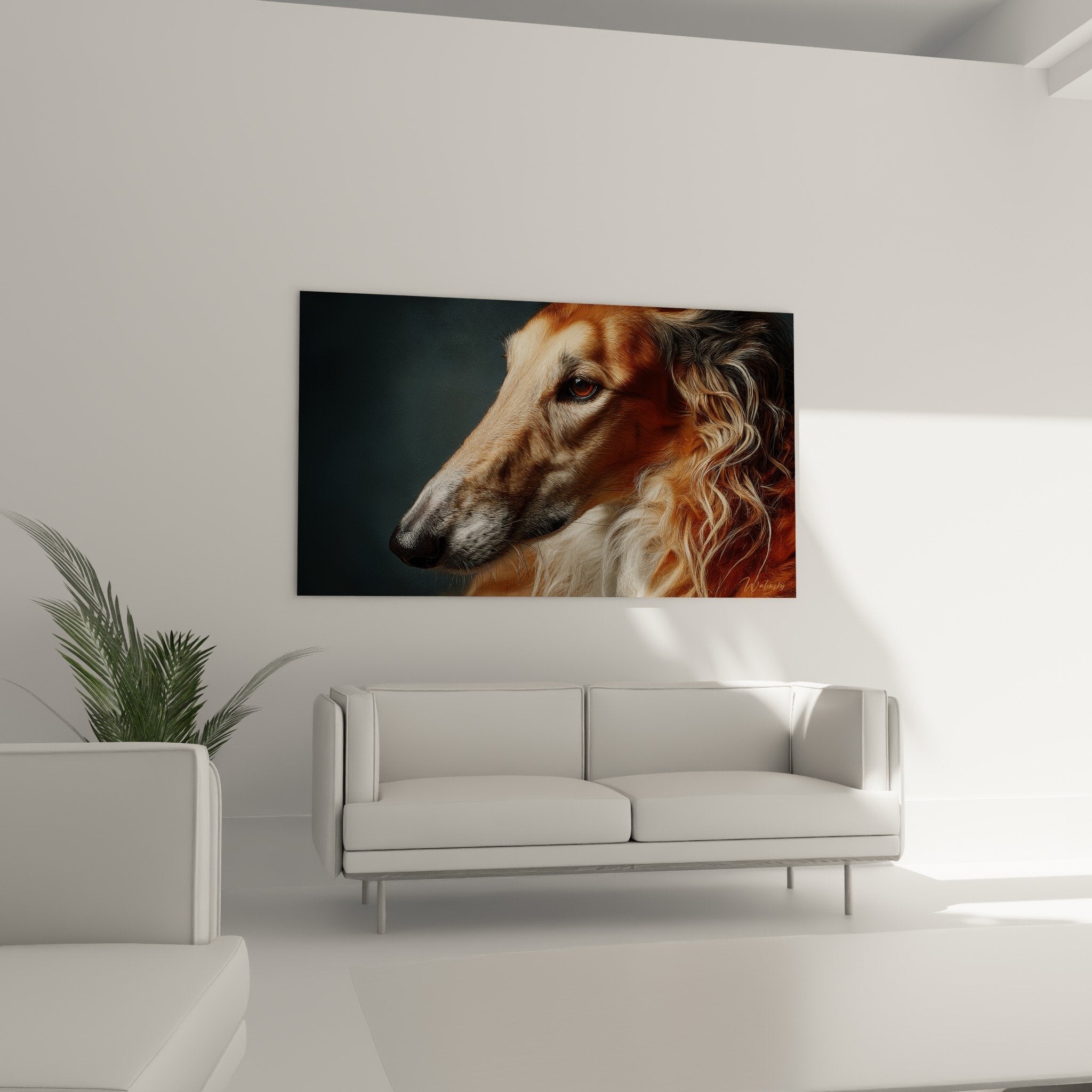 Détail rapproché du regard ambré mélancolique et du pelage soyeux auburn du Barzoi portraituré