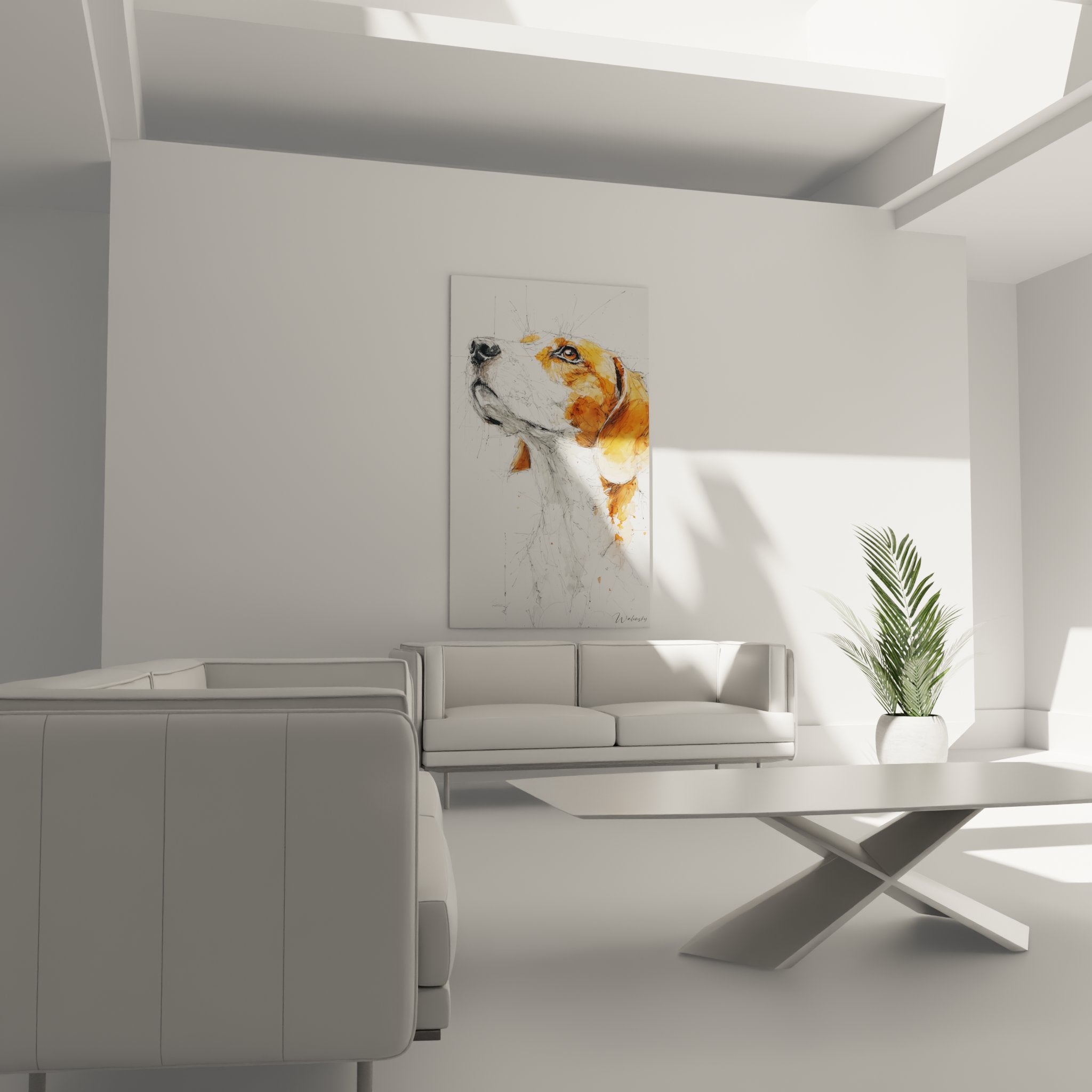 Detailaufnahme des ausdrucksstarken Blicks des Beagles, Aquarell- und Stifttechnik mit orangefarbenen Nuancen