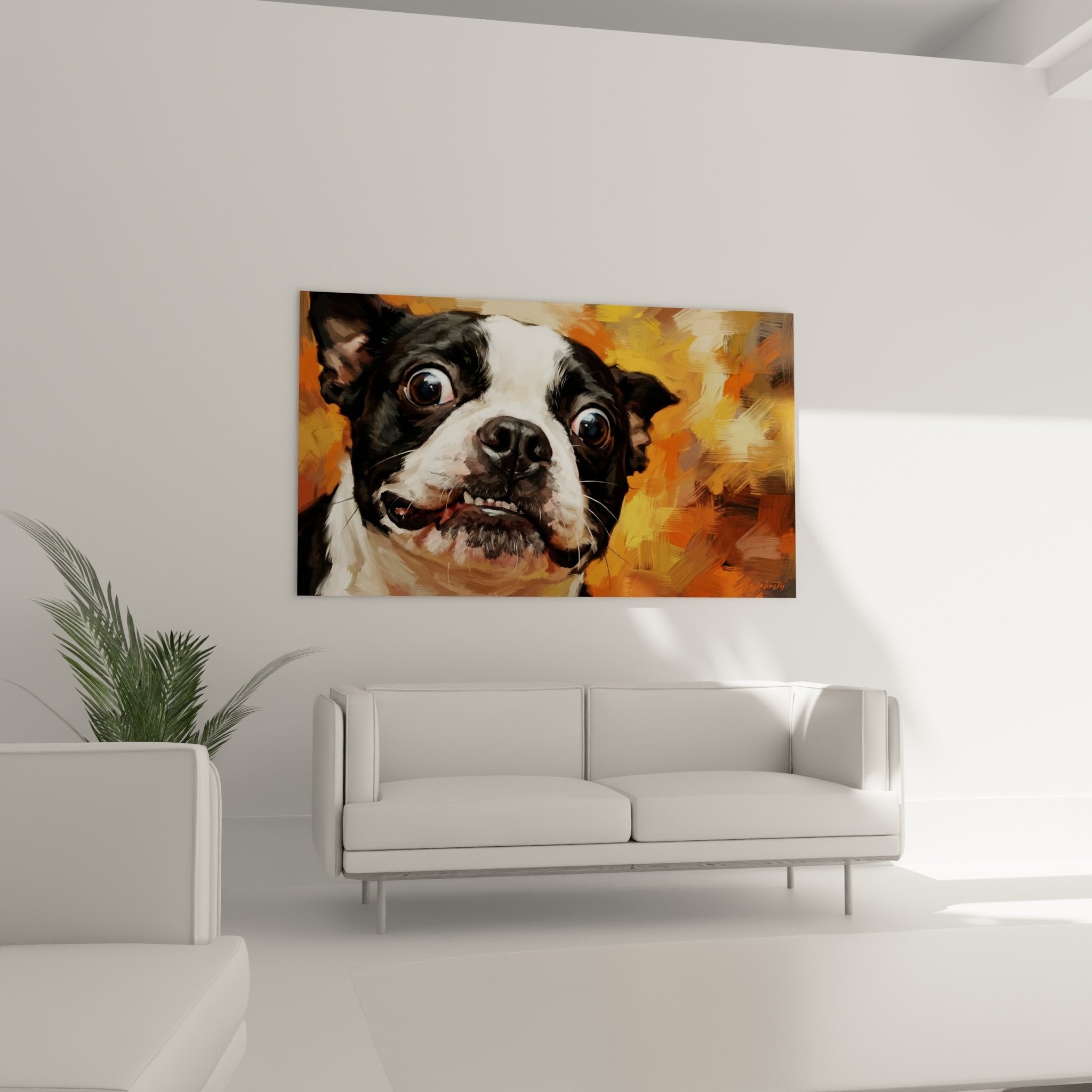 Close-up deep gaze Boston Terrier realistic painting expressive eyes