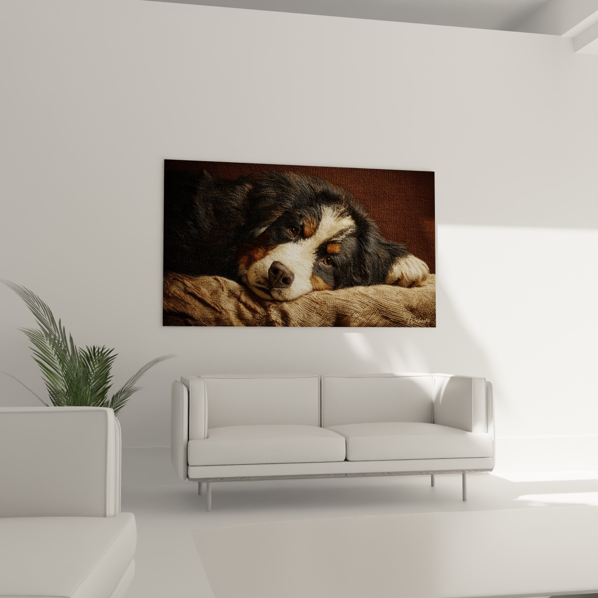 Close-up detail of an expressive Bernese Mountain Dog's gaze, amber eyes and finely textured tricolor coat