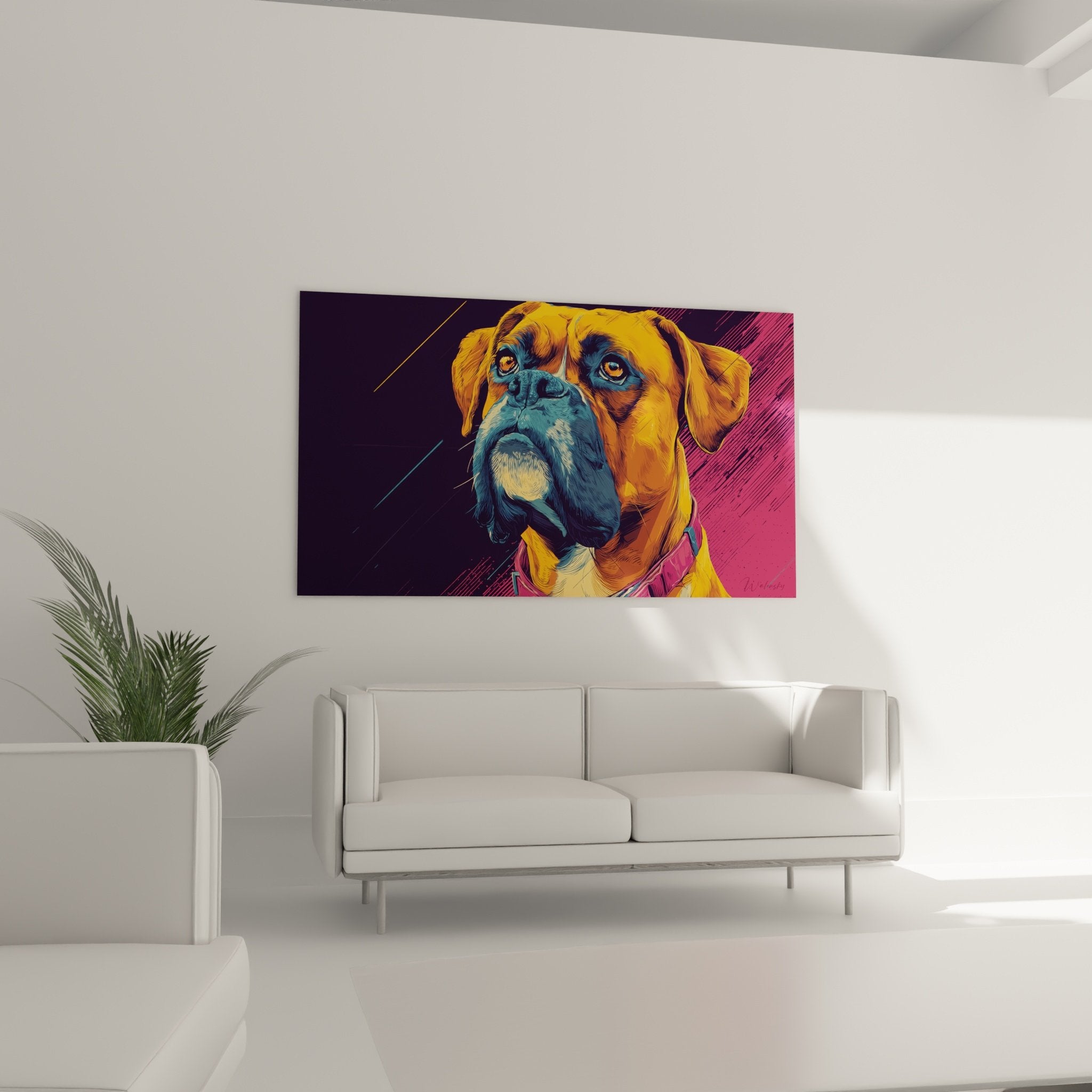 Détail du regard expressif du Boxer avec effets de couleurs orange et bleu artistiques