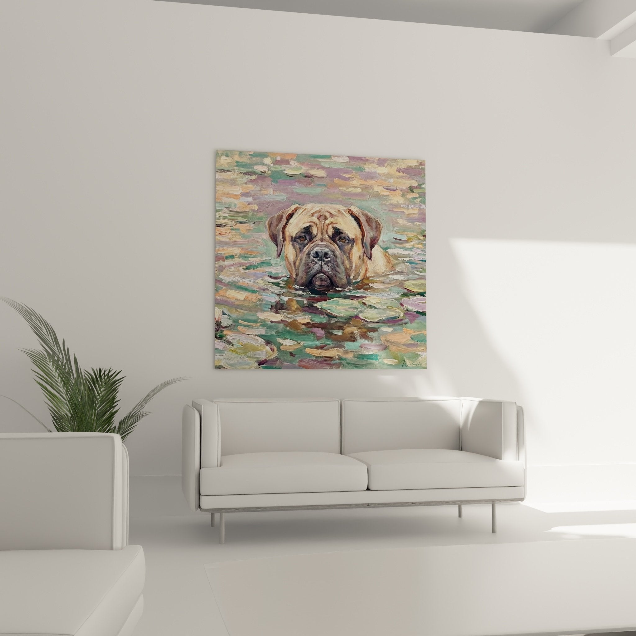 Détail peinture regard mélancolique bullmastiff coups pinceau visibles technique impressionniste