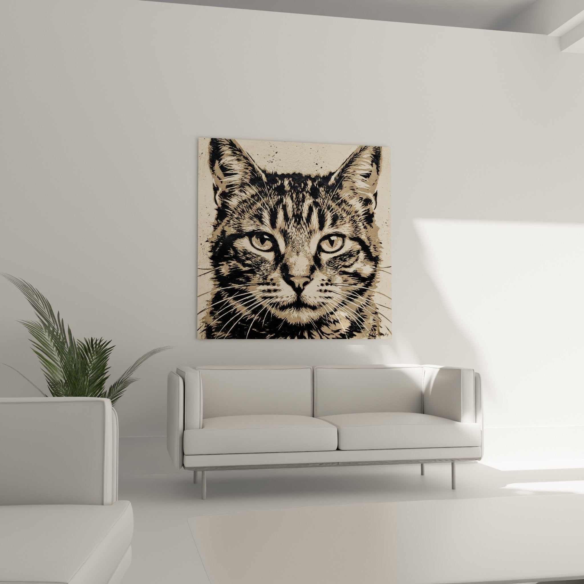 Détail rapproché du regard intense et des moustaches finement tracées du chat en pochoir