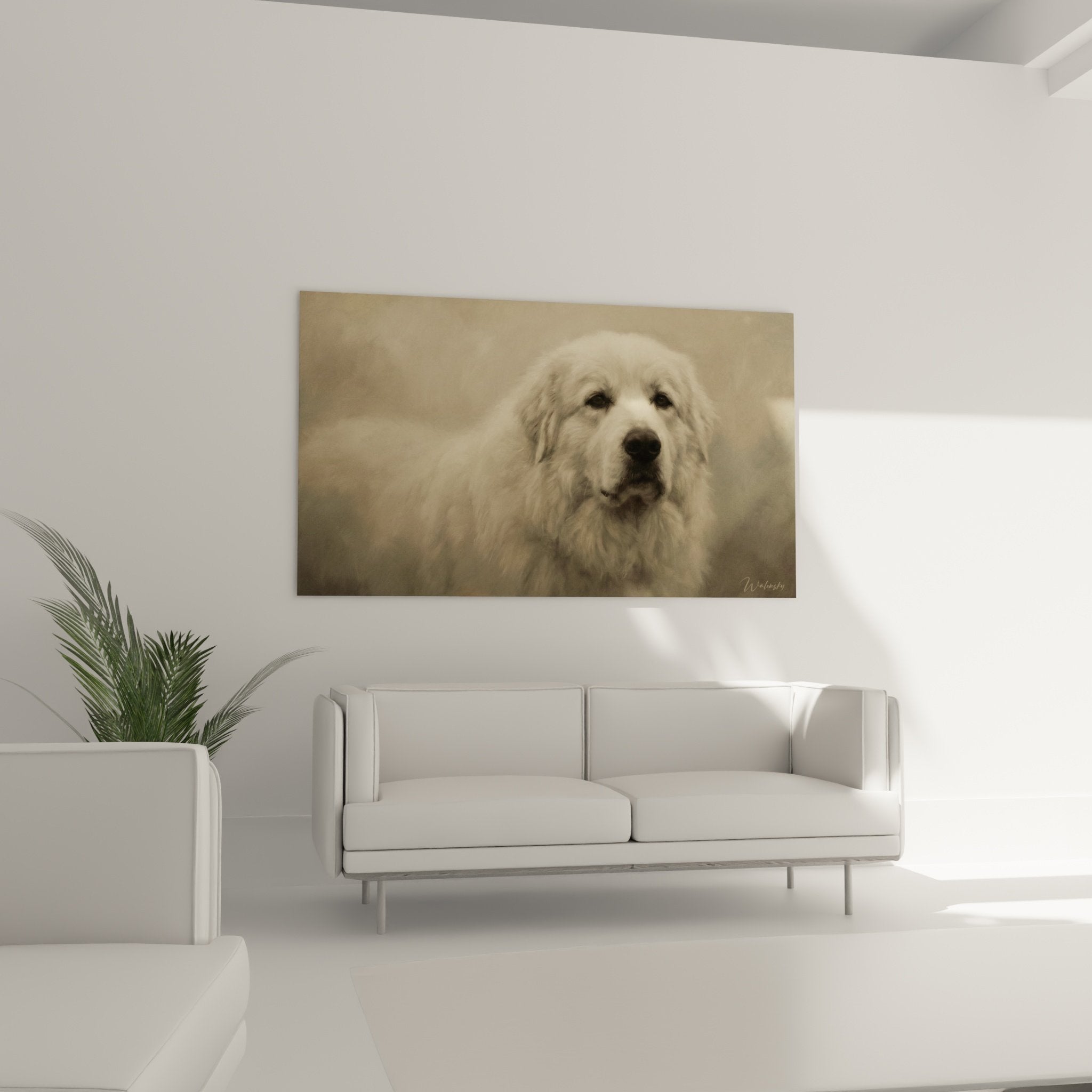 Expressive detail of the tender gaze of the white dog in vintage sepia treatment