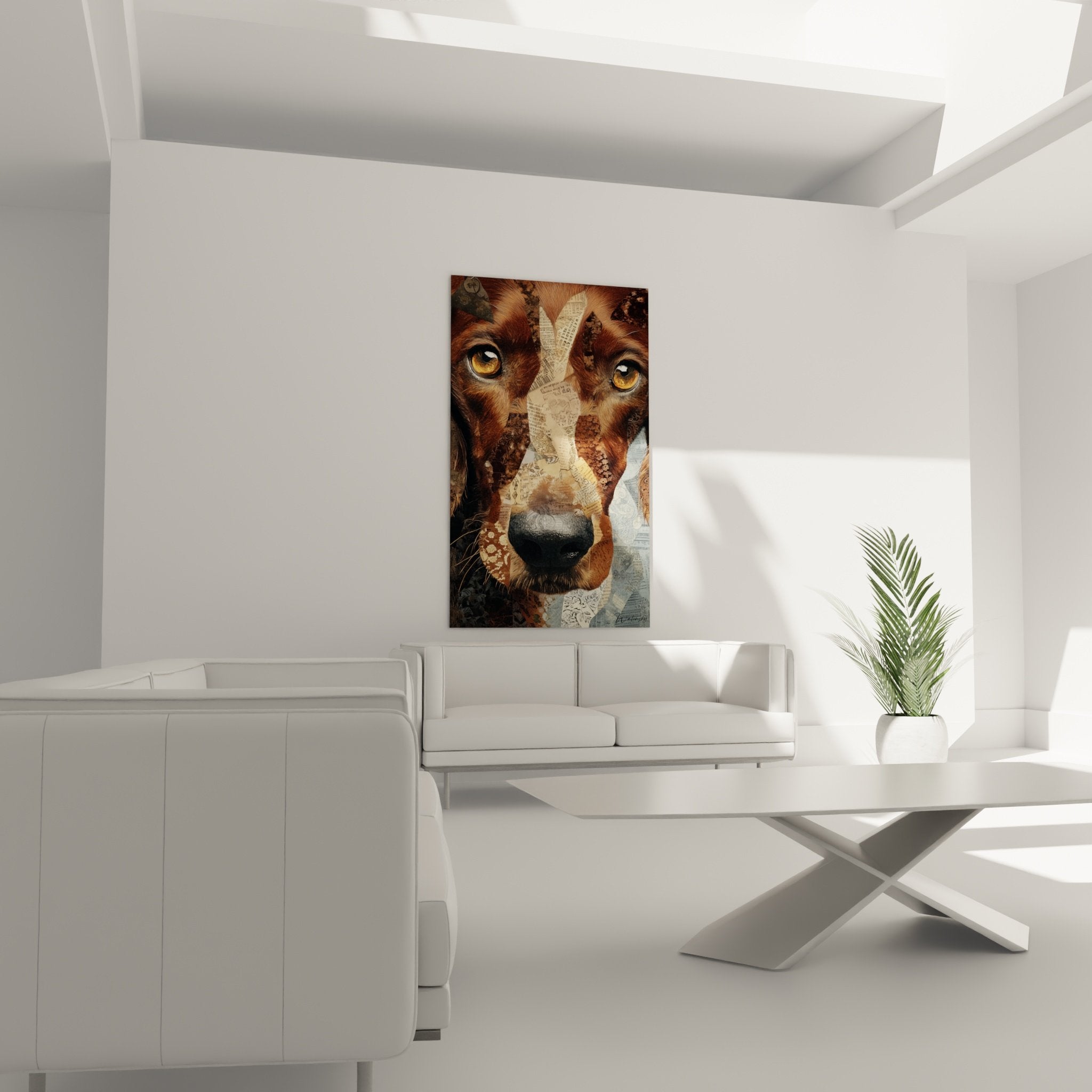 Détail regard chien roux yeux dorés technique mixte peinture collage papier journal artistique