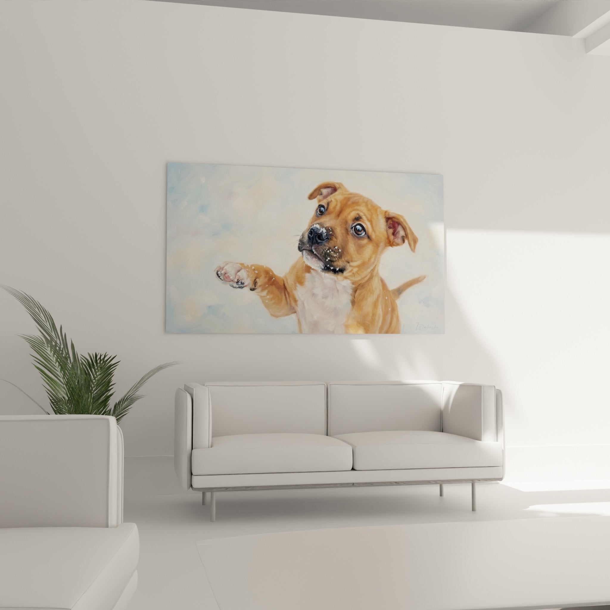 Detailaufnahme des verschmitzten Blicks und der durchdringenden blauen Augen des jungen Staffordshire Bull Terriers mit Schneeflocken auf der Nase