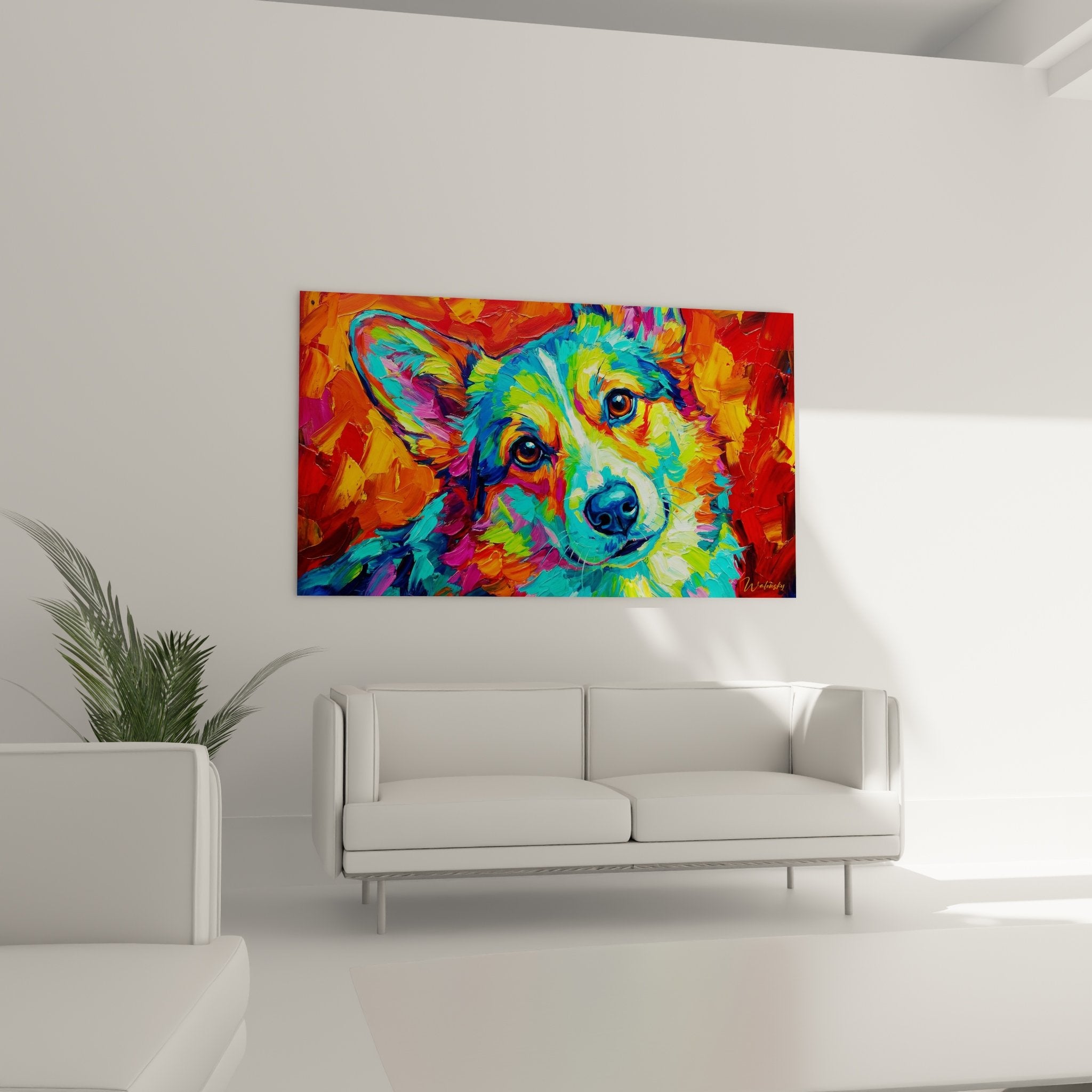 Detail des ausdrucksstarken Blicks des Corgi Pembroke in lebendigen Farben in diesem zeitgenössischen Kunstwerk
