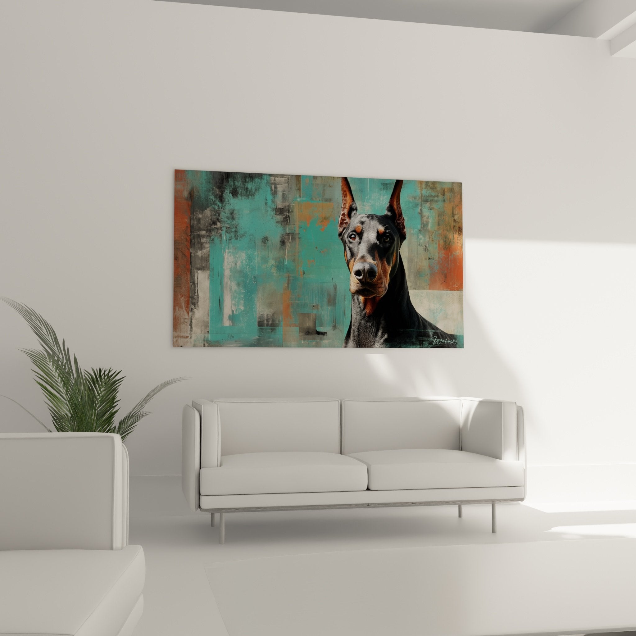 Dettaglio dello sguardo penetrante del Doberman, texture astratte turchese, tecnica mista realismo e arte moderna