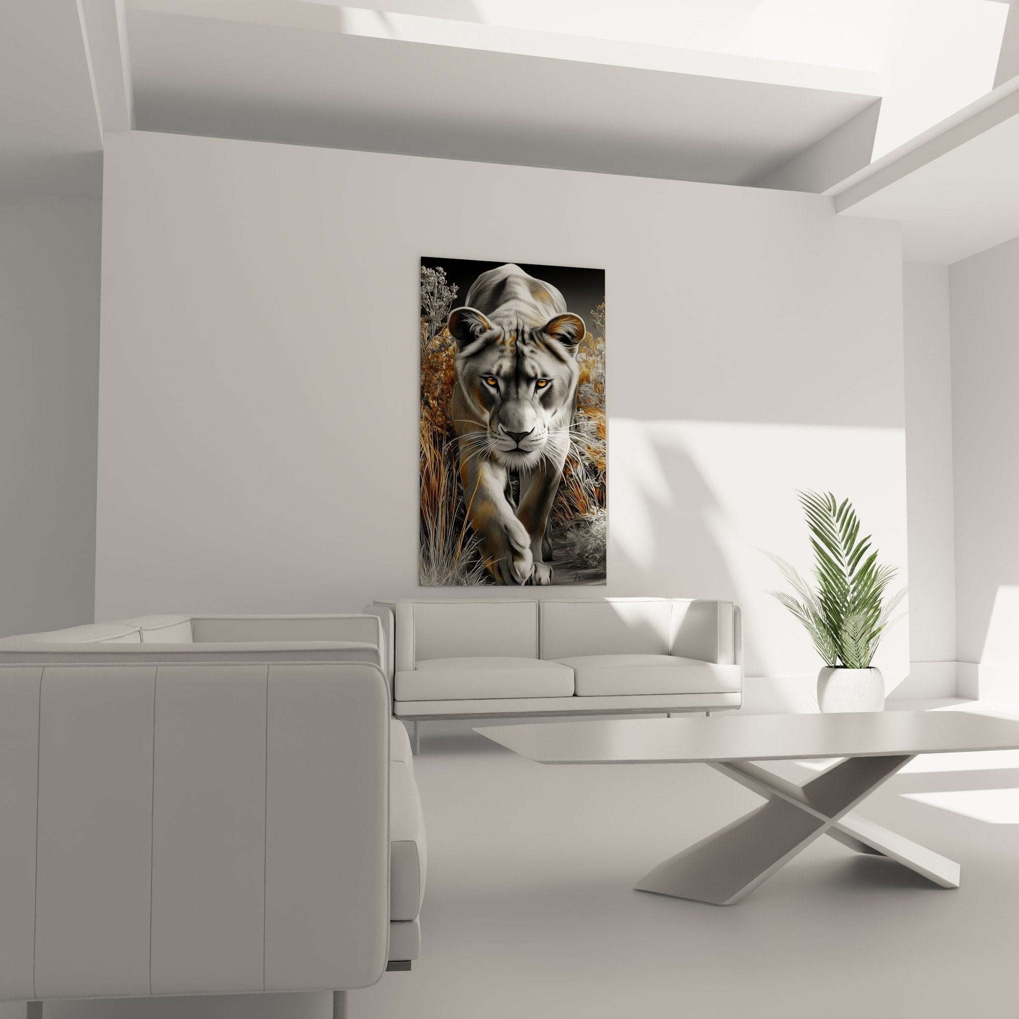 Primo piano dello sguardo intenso dorato di una leonessa argentata, texture del manto realistica finemente dettagliata