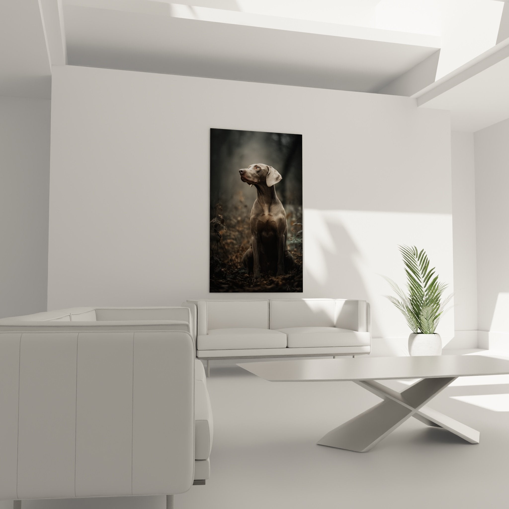 Détail du regard doré perçant du Weimaraner sur toile